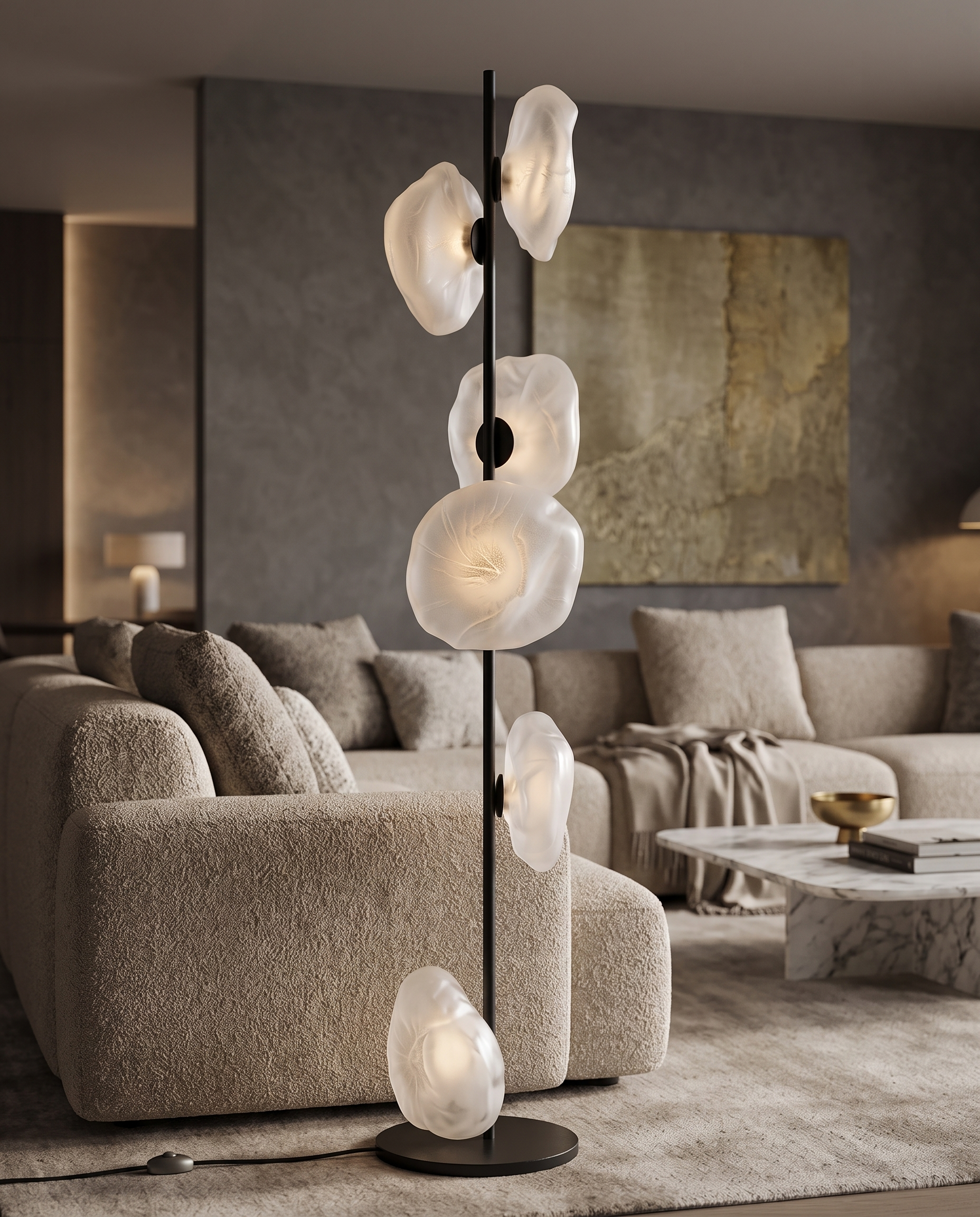 Sculptural Glass Floor Lamp, LED — Black & Transparent, beside sofa in modern luxury living room