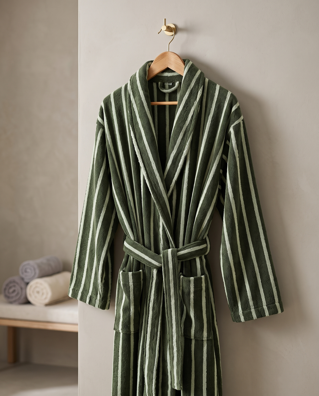 Dark Stripe Jacquard Cotton Bathrobe — green on wooden hanger, natural folds, neutral spa wall