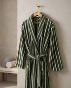 Dark Stripe Jacquard Cotton Bathrobe — green on wooden hanger, natural folds, neutral spa wall
