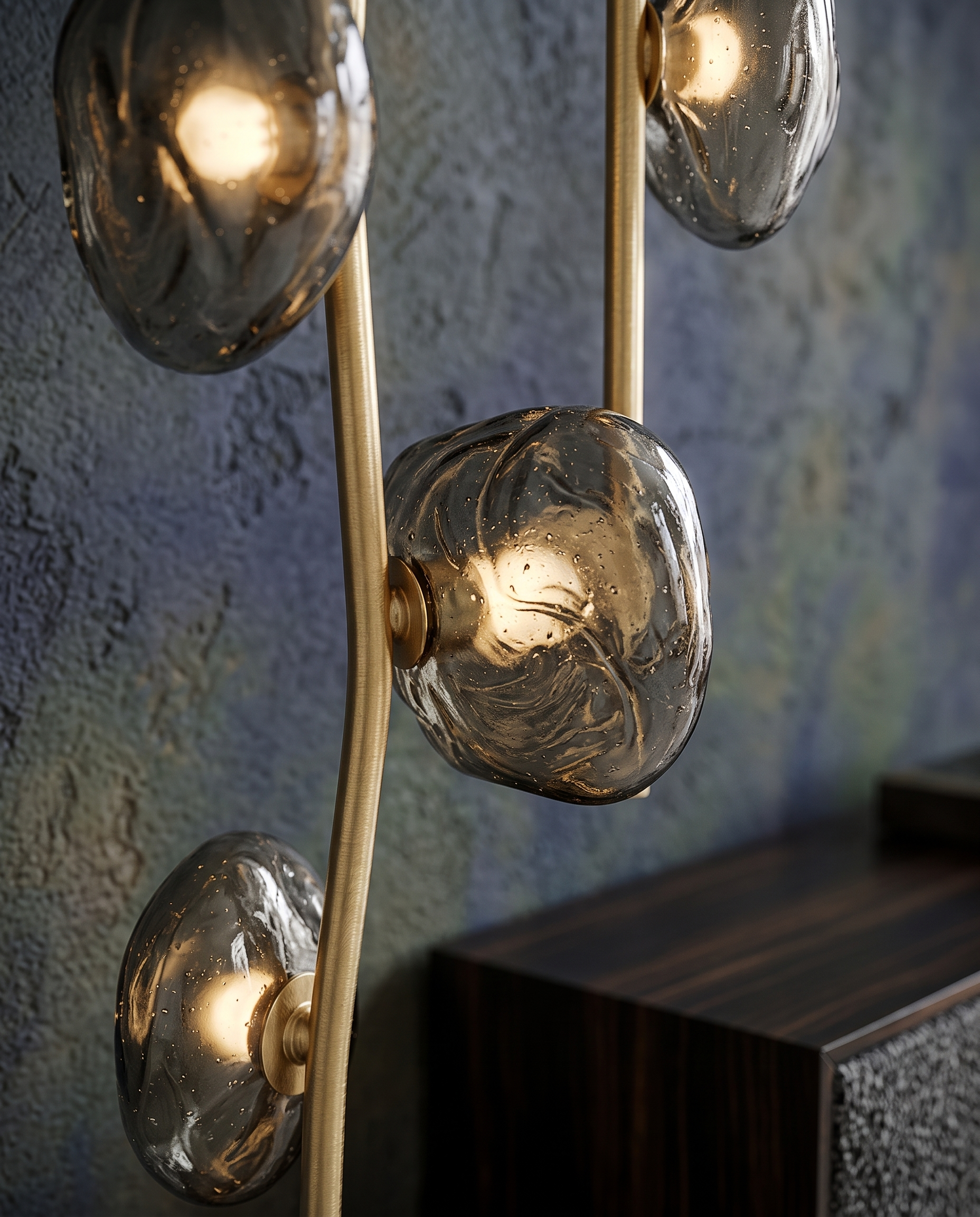 Sculptural Glass Floor Lamp, LED — macro detail of gold metal and smoky grey glass, warm LED glow