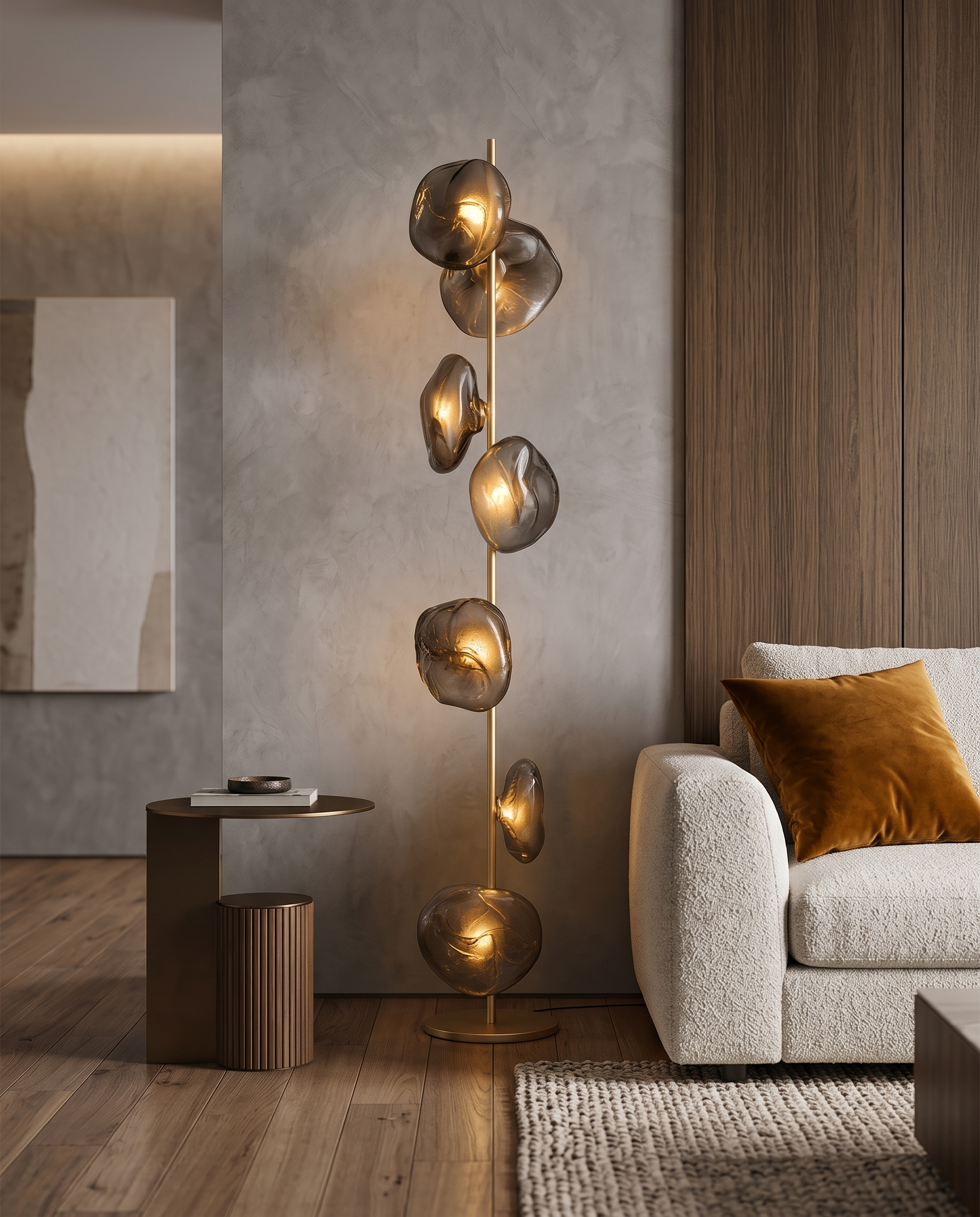 Sculptural Glass Floor Lamp, LED — full lamp in context for scale, modern luxury living room
