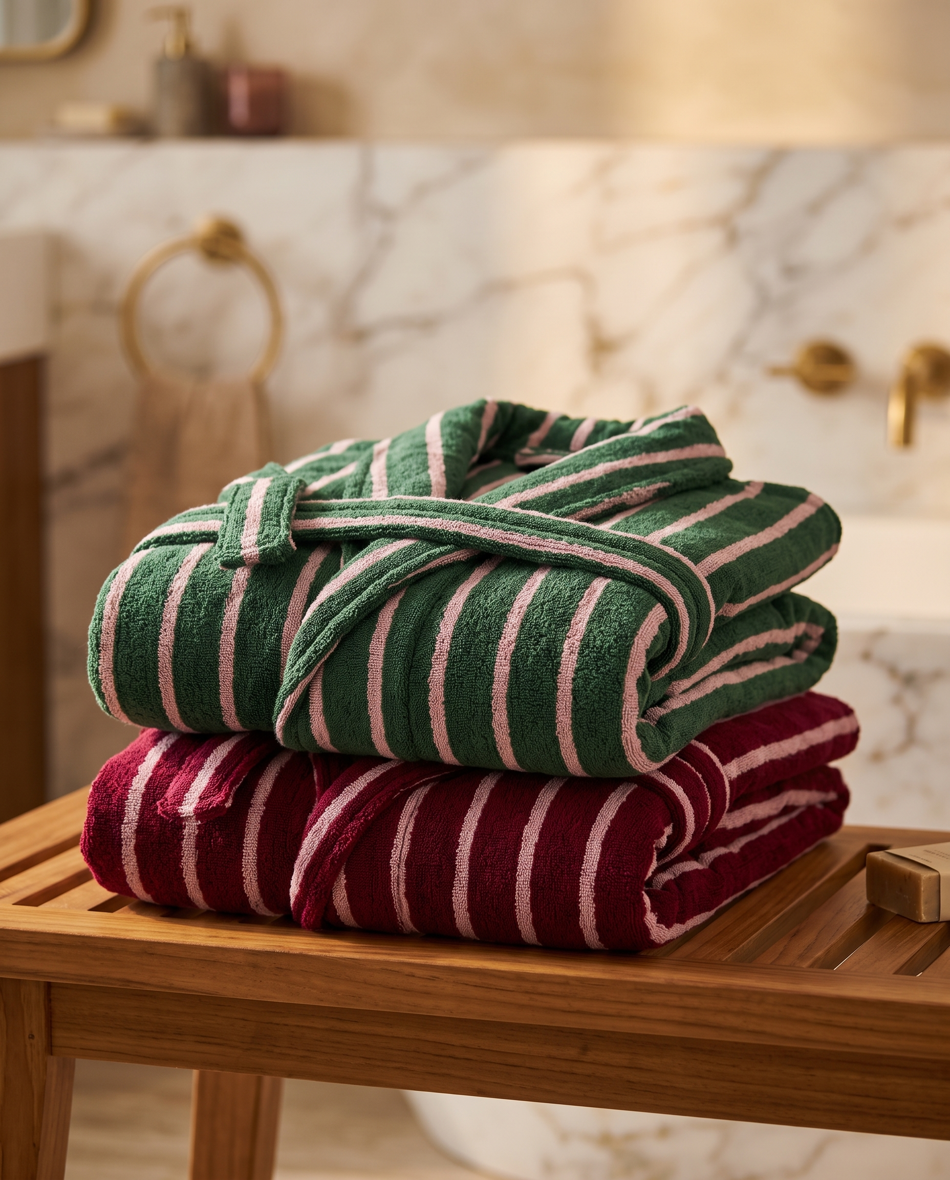Dark Stripe Jacquard Cotton Bathrobe — folded spa stack of green and red, teak bench marble bathroom