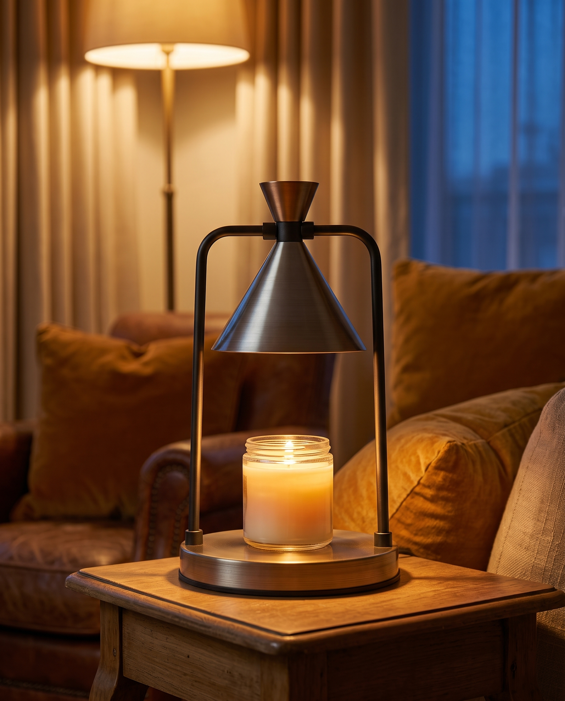 Dimmable Candle Warmer Lamp, Retro Metal — Silver, on a living room side table
