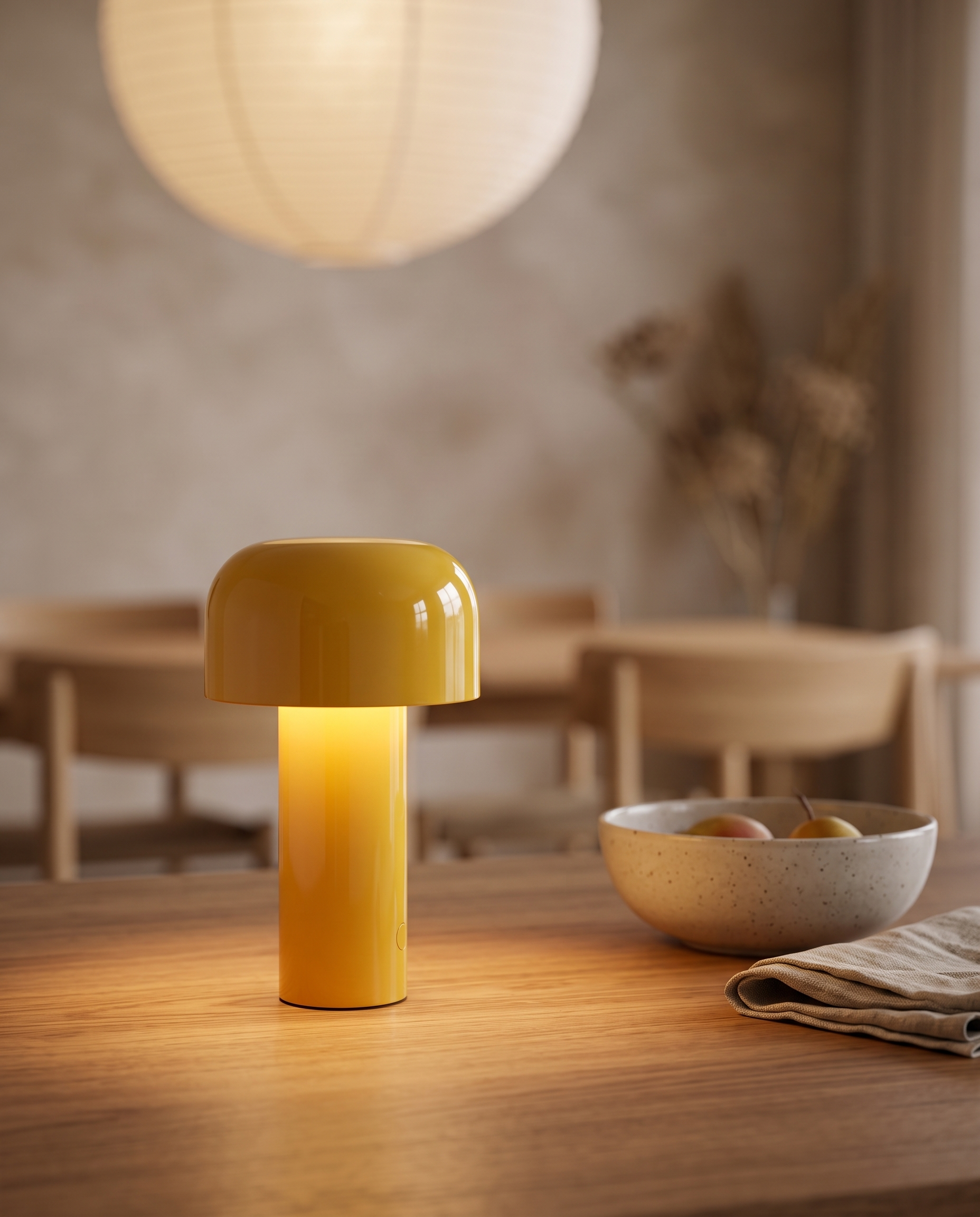 Rechargeable Cap Touch Table Lamp, Metal — Yellow, Japandi dining table at evening