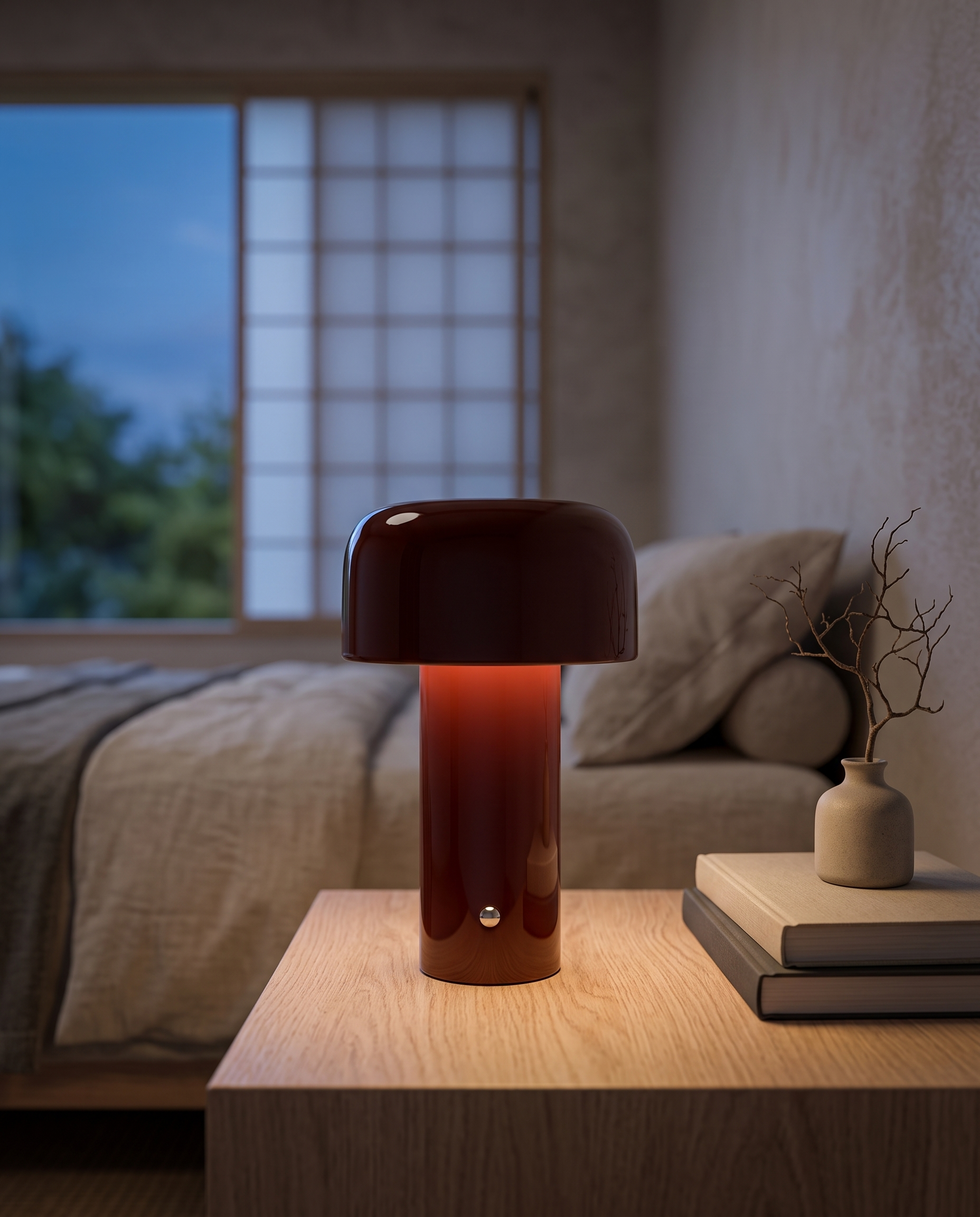 Rechargeable Cap Touch Table Lamp, Metal — Burgundy, Japandi bedroom nightstand at dusk