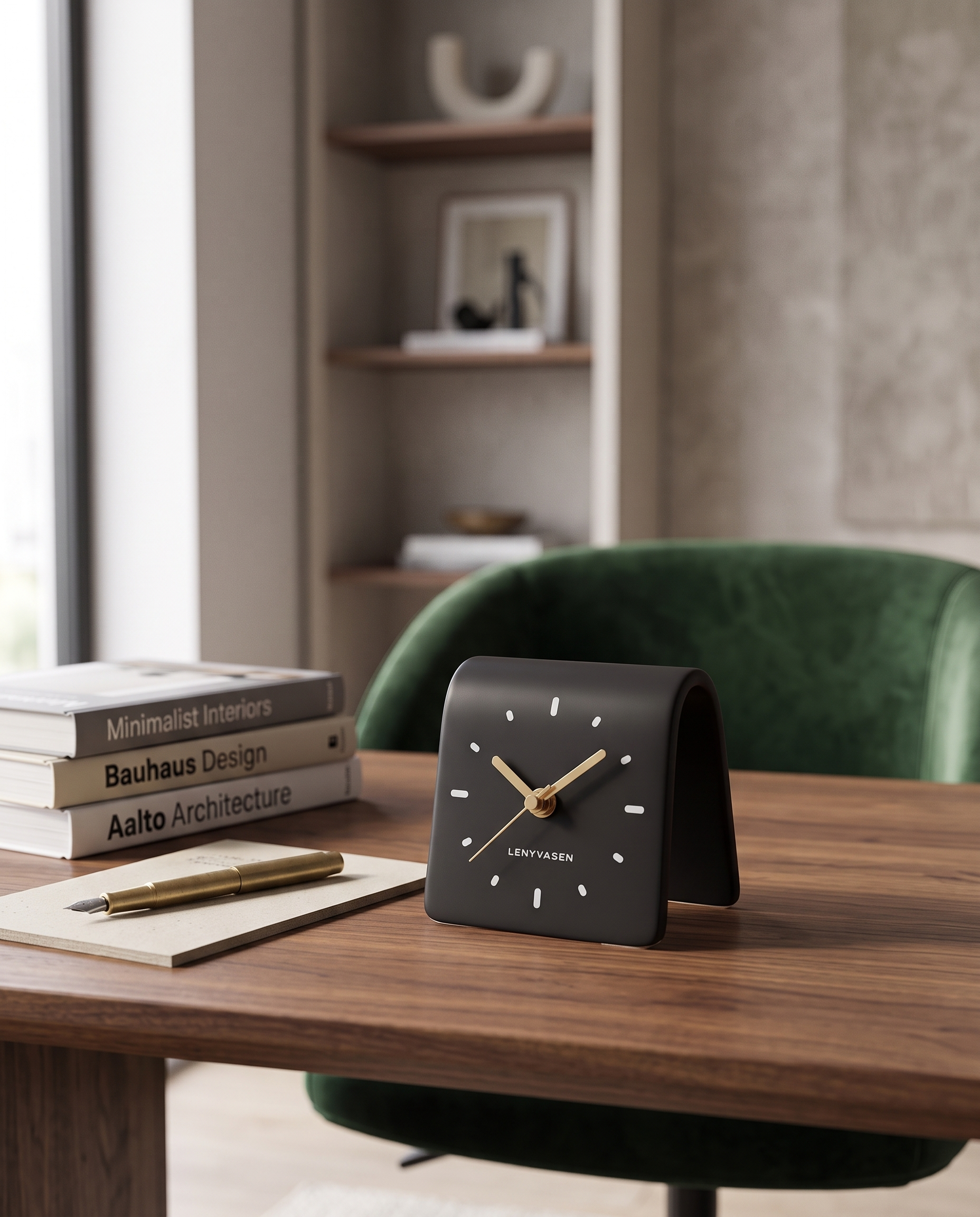 Square Ceramic Desk Clock, Silent — Matte Black, on a warm walnut writing desk in a refined minimal study