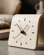 Square Ceramic Desk Clock, Silent — Cream glaze and dial macro detail, soft natural raking light