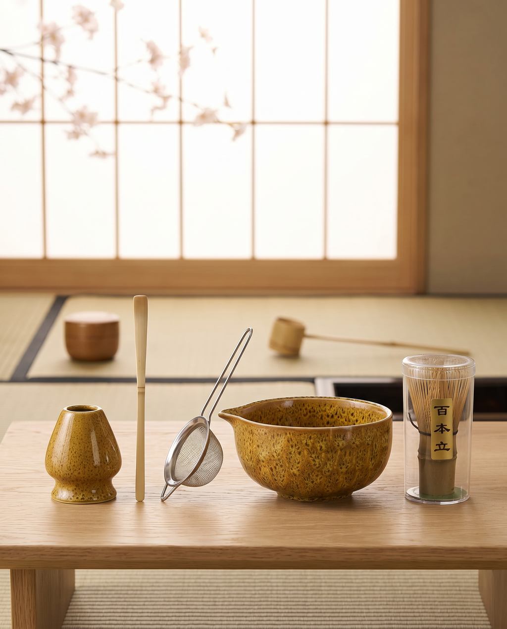 Kiln-Glazed Matcha Ceremony Set, 5-Piece Ceramic and Bamboo — Earthy Yellow ochre glazed set on a pale-oak tray in a serene Japanese tea room