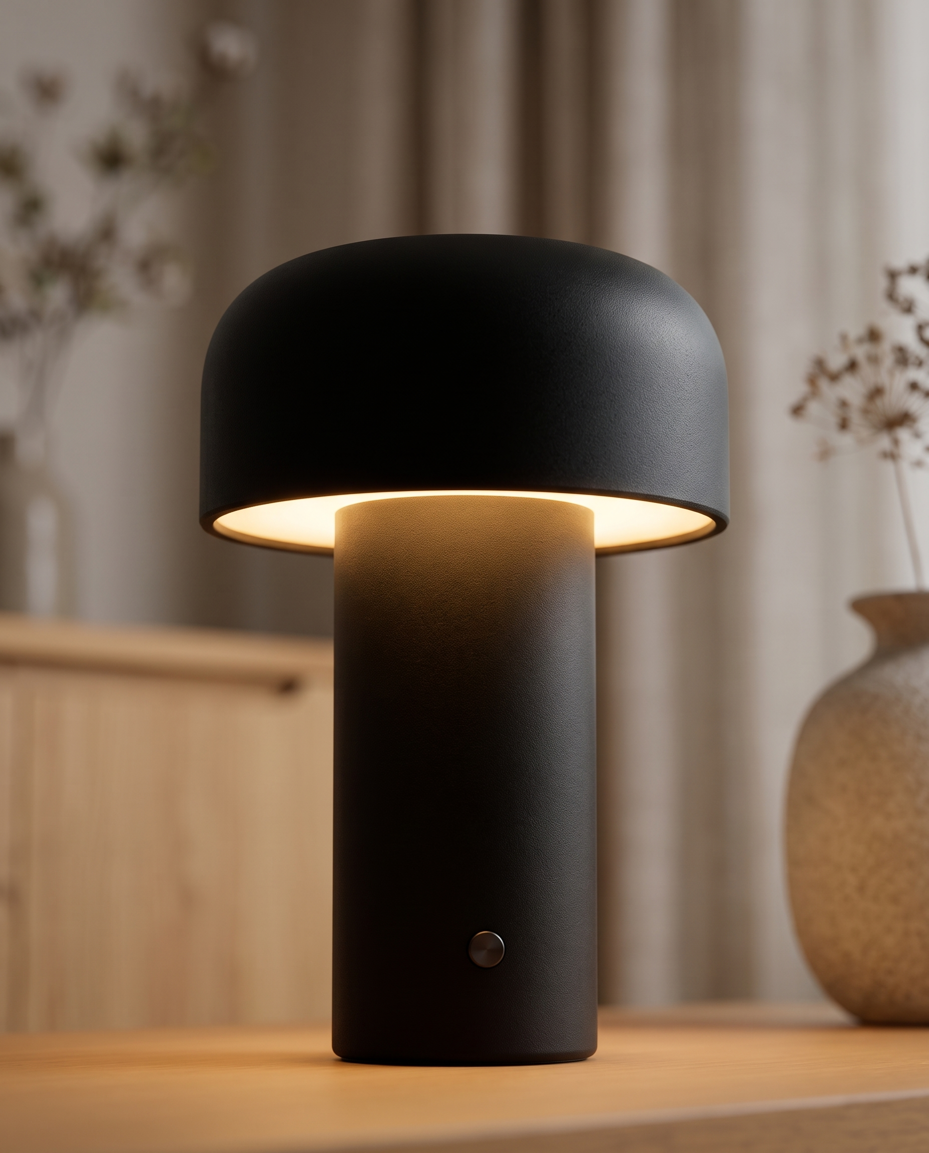 Rechargeable Cap Touch Table Lamp, Metal — detail macro of cap form and warm glow, blurred Japandi interior