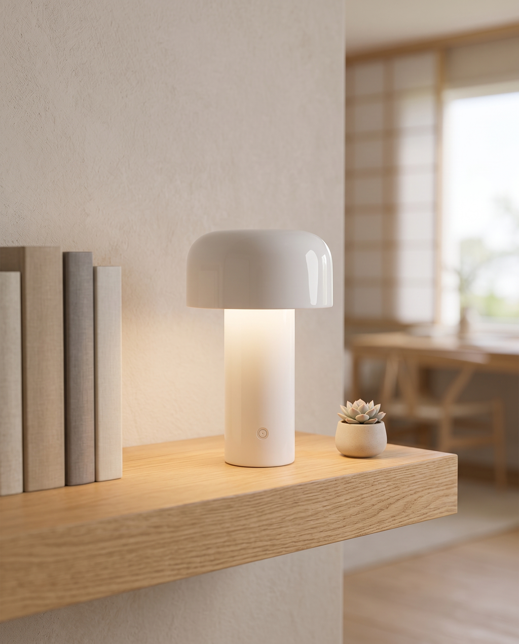 Rechargeable Cap Touch Table Lamp, Metal — scale and placement on oak shelf with books and plant