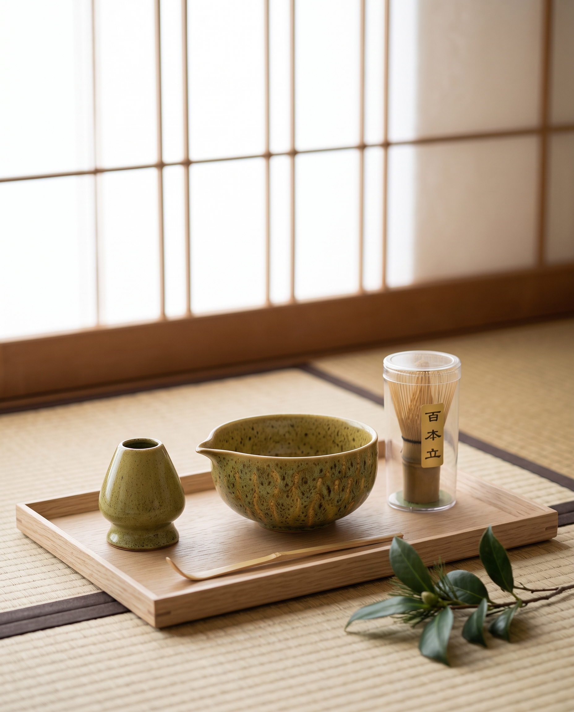 Kiln-Glazed Matcha Ceremony Set, 5-Piece Ceramic and Bamboo — Green glazed set on a pale-oak tray in a tranquil zen tea room