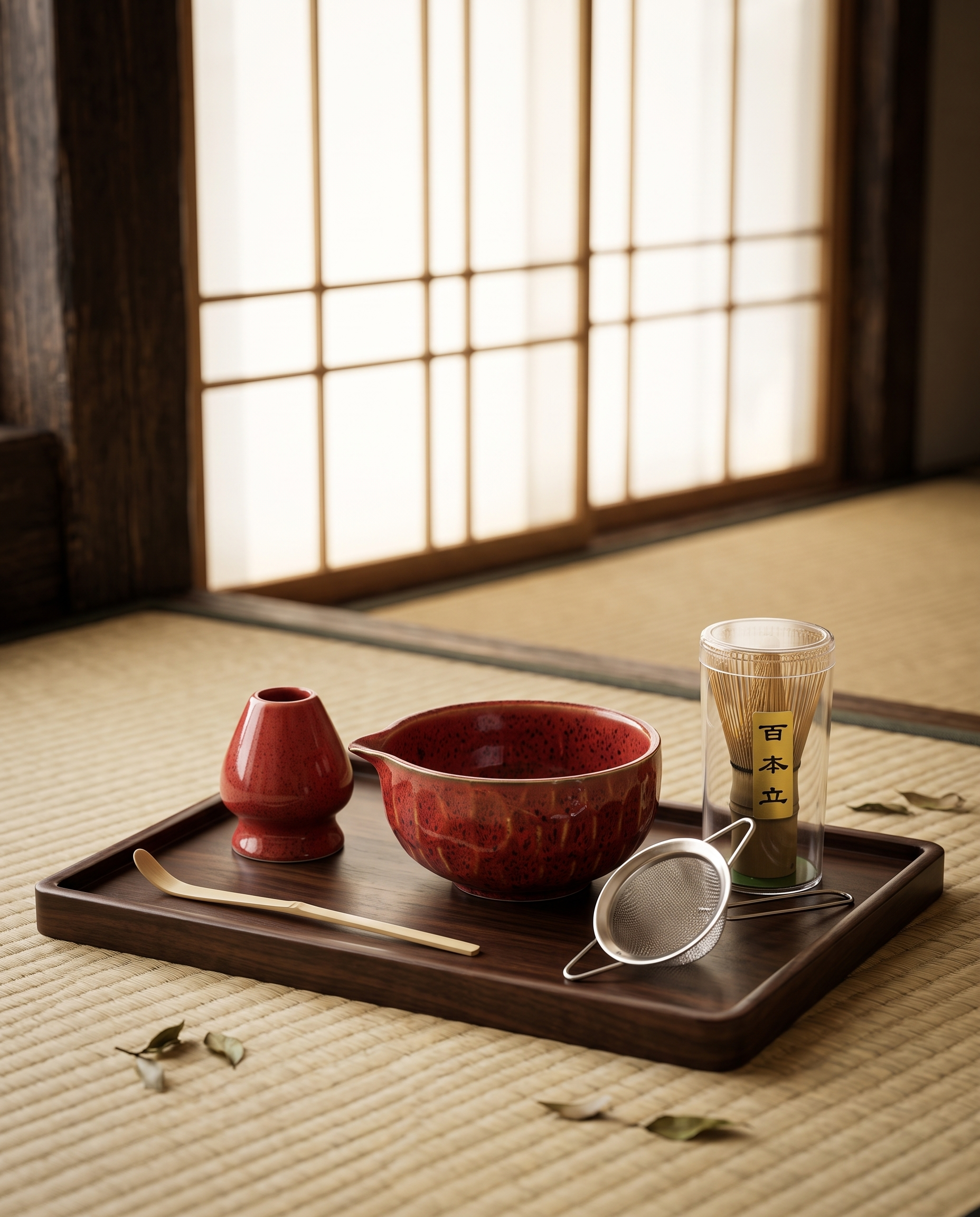 Kiln-Glazed Matcha Ceremony Set, 5-Piece Ceramic and Bamboo — Dark Red glazed set on a dark walnut tray in a zen Japanese tea room