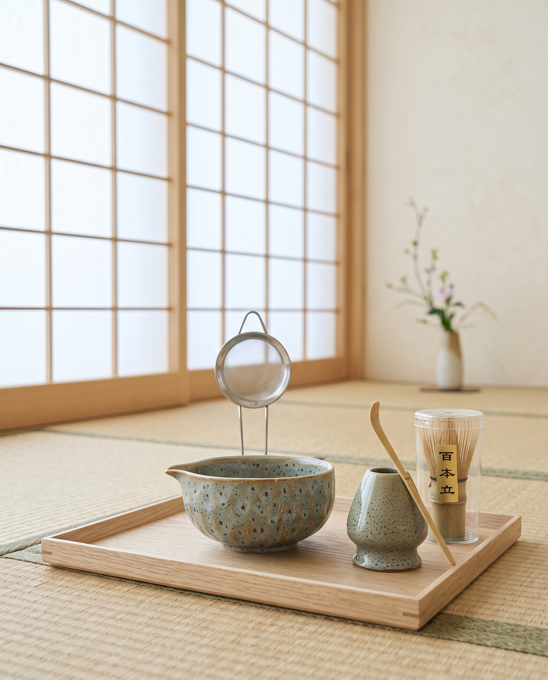 Kiln-Glazed Matcha Ceremony Set, 5-Piece Ceramic and Bamboo — Light Blue glazed set on a pale-oak tray in a calm Japanese tea room