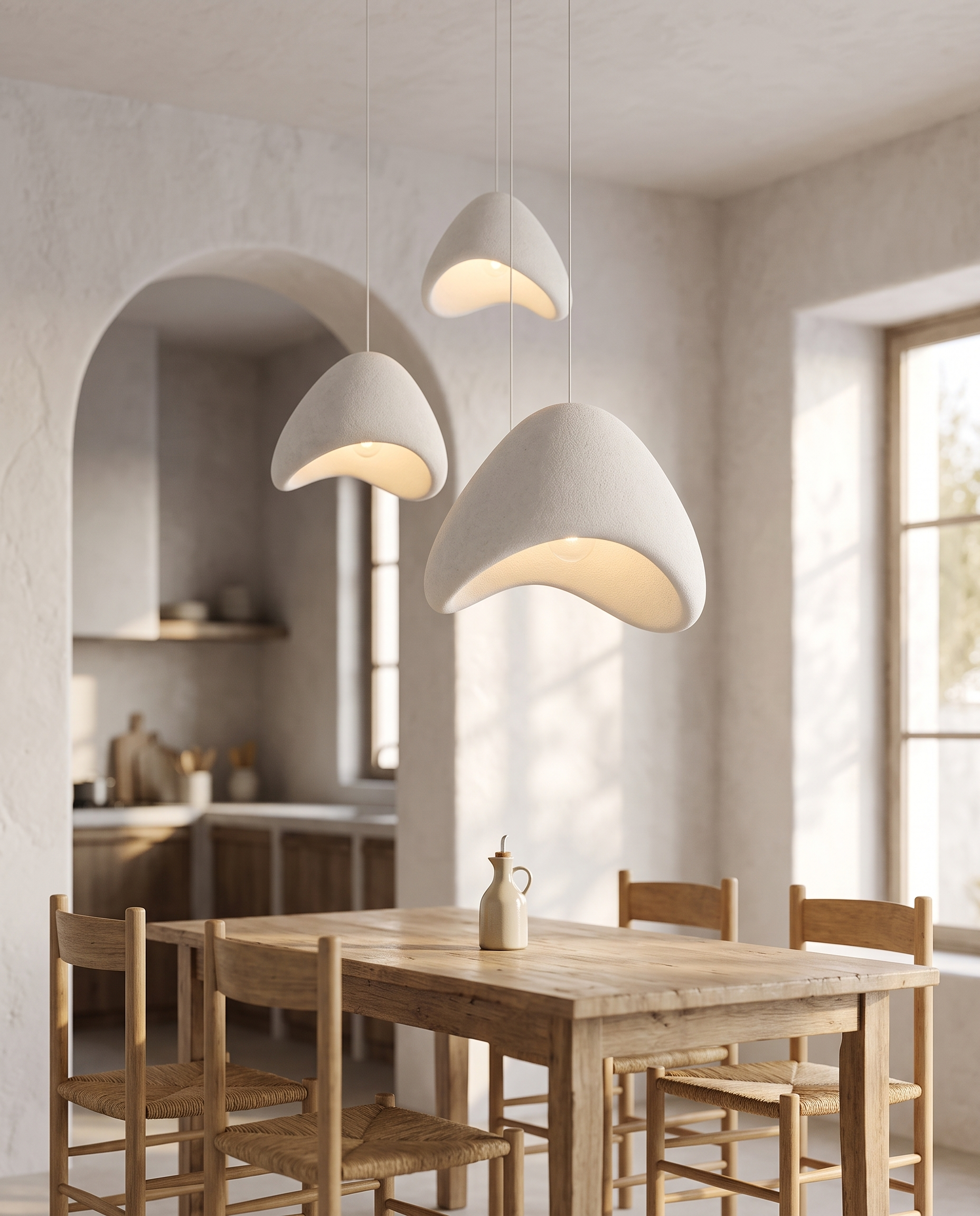 Pumice-Texture LED Pendant Chandelier, Stone Look — White, hero over a dining table in a Mediterranean villa interior