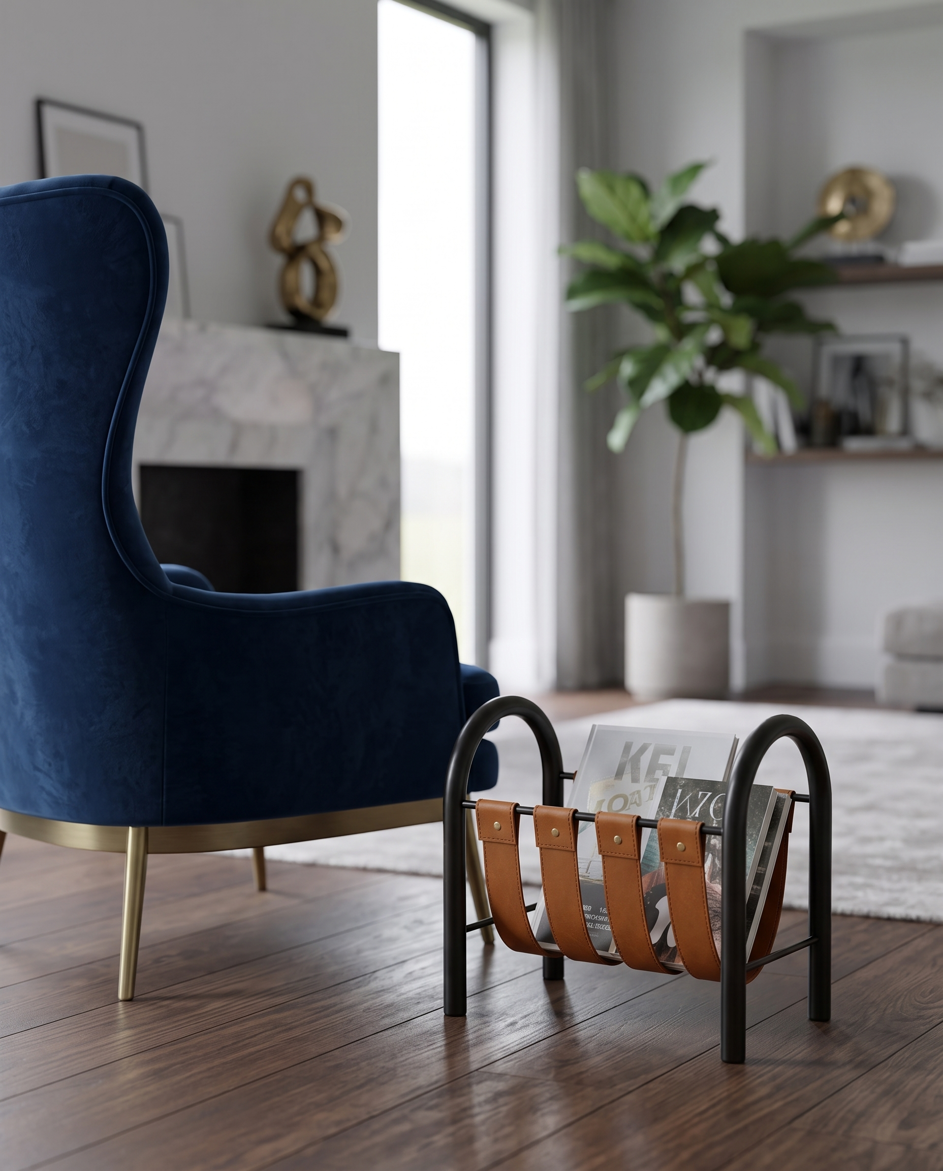 Leather and Metal Magazine Rack — Brown, beside armchair in modern luxury living room