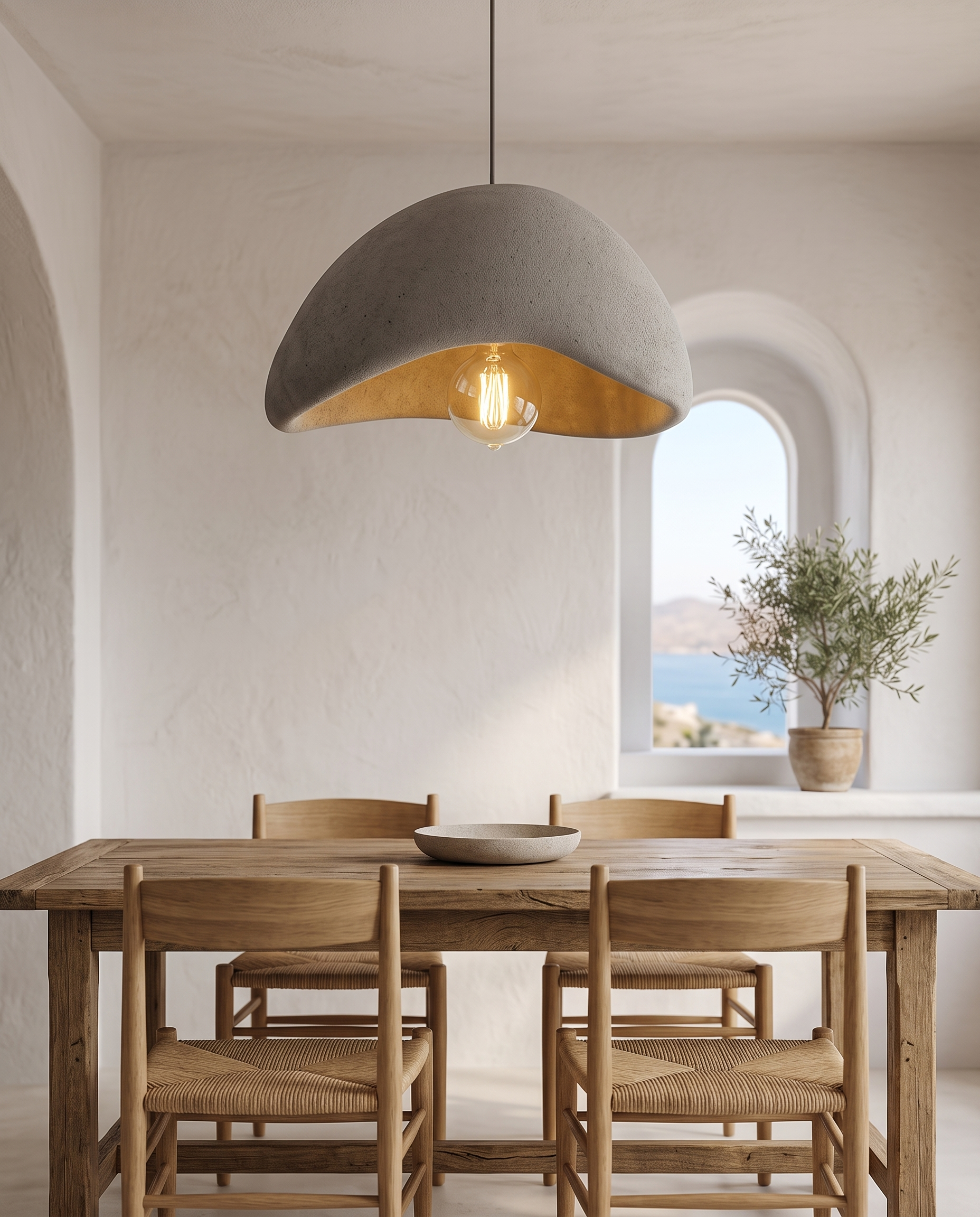Pumice-Texture LED Pendant Chandelier, Stone Look — Grey, hero over a dining table in a Mediterranean villa interior