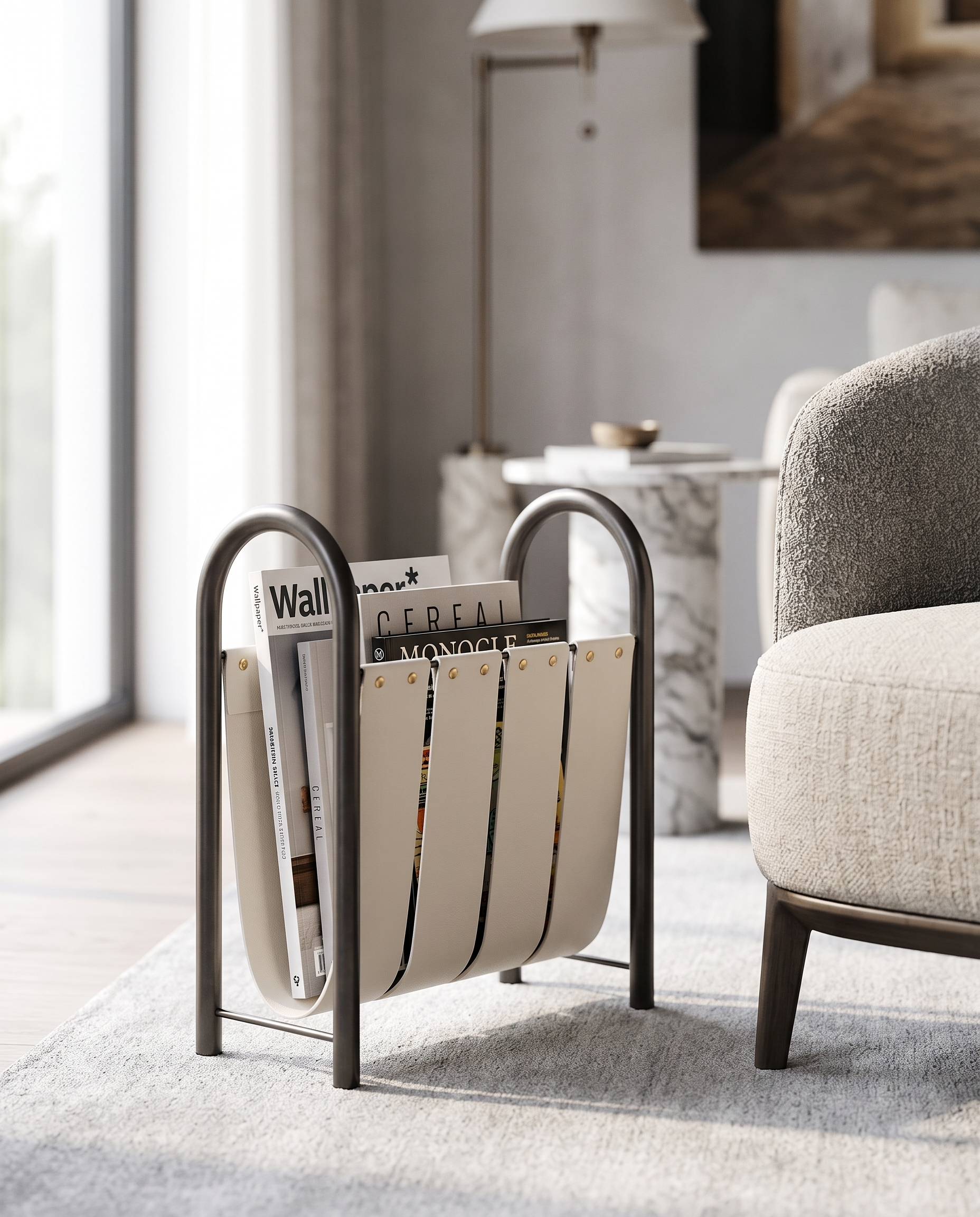 Leather and Metal Magazine Rack — White, beside armchair in modern luxury living room