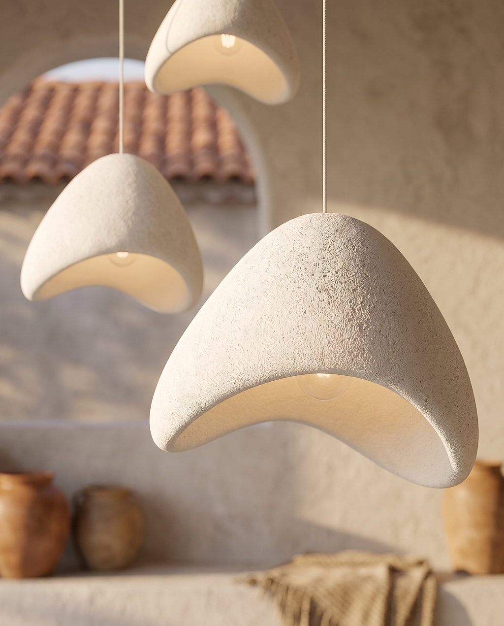 Pumice-Texture LED Pendant Chandelier, Stone Look — macro detail of the white pumice-stone form, Mediterranean villa interior