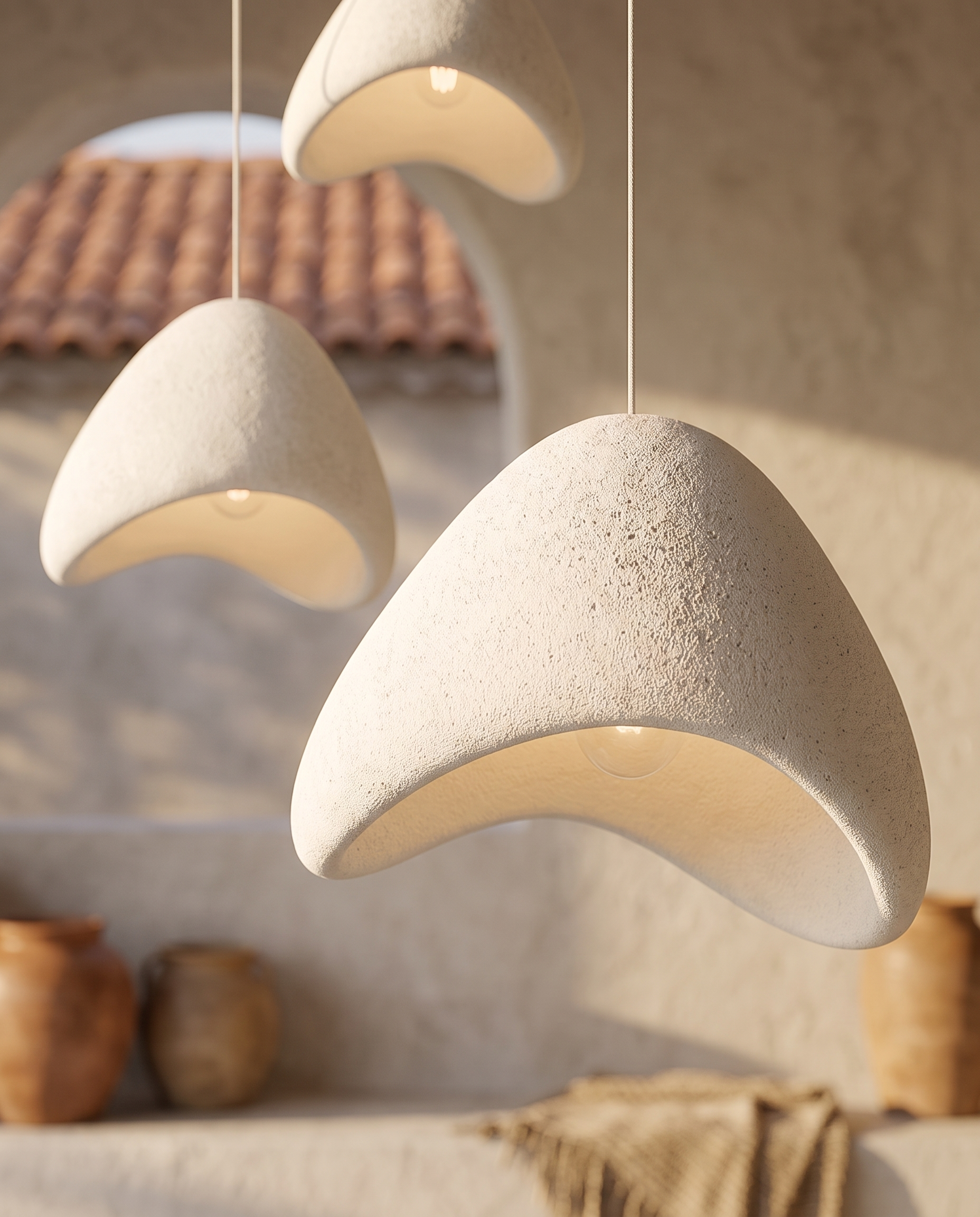 Pumice-Texture LED Pendant Chandelier, Stone Look — macro detail of the white pumice-stone form, Mediterranean villa interior