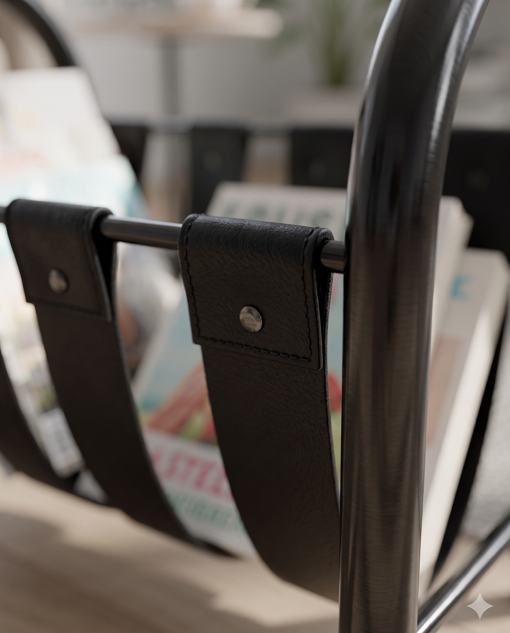 Leather and Metal Magazine Rack — detail macro of leather and metal craftsmanship