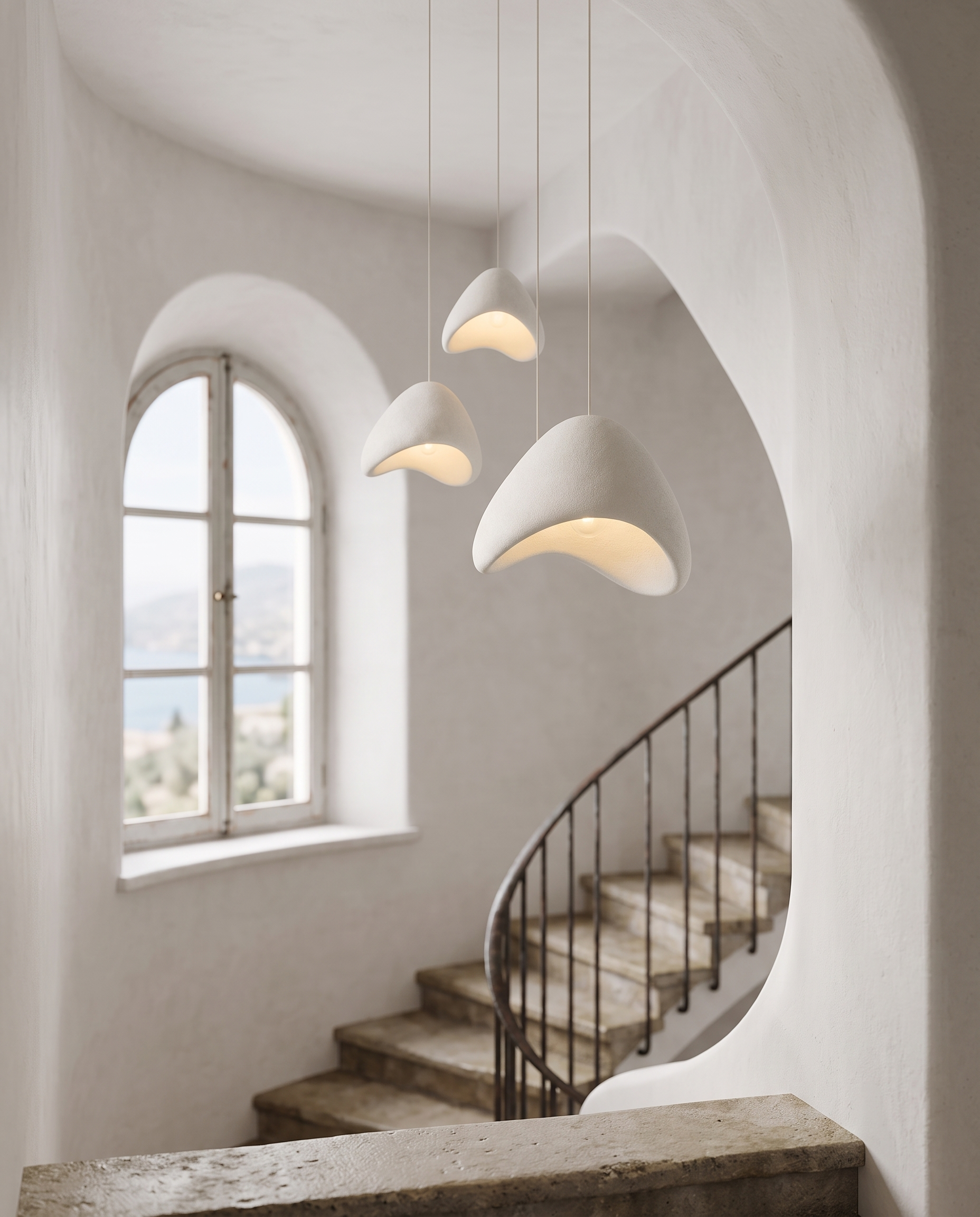 Pumice-Texture LED Pendant Chandelier, Stone Look — White, in a Mediterranean villa stairwell with curved plaster wall