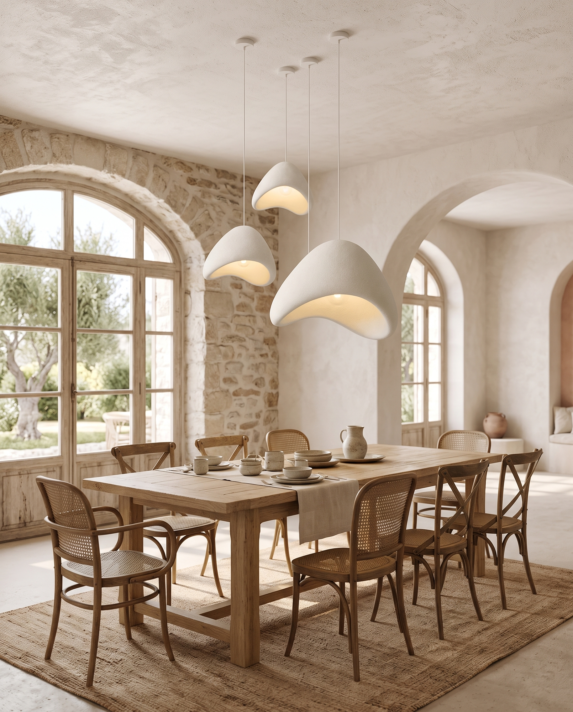 Pumice-Texture LED Pendant Chandelier, Stone Look — White, wide placement and scale view in a Mediterranean villa dining area