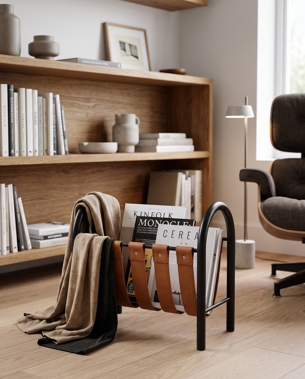 Leather and Metal Magazine Rack — Brown, styled in a modern study reading nook