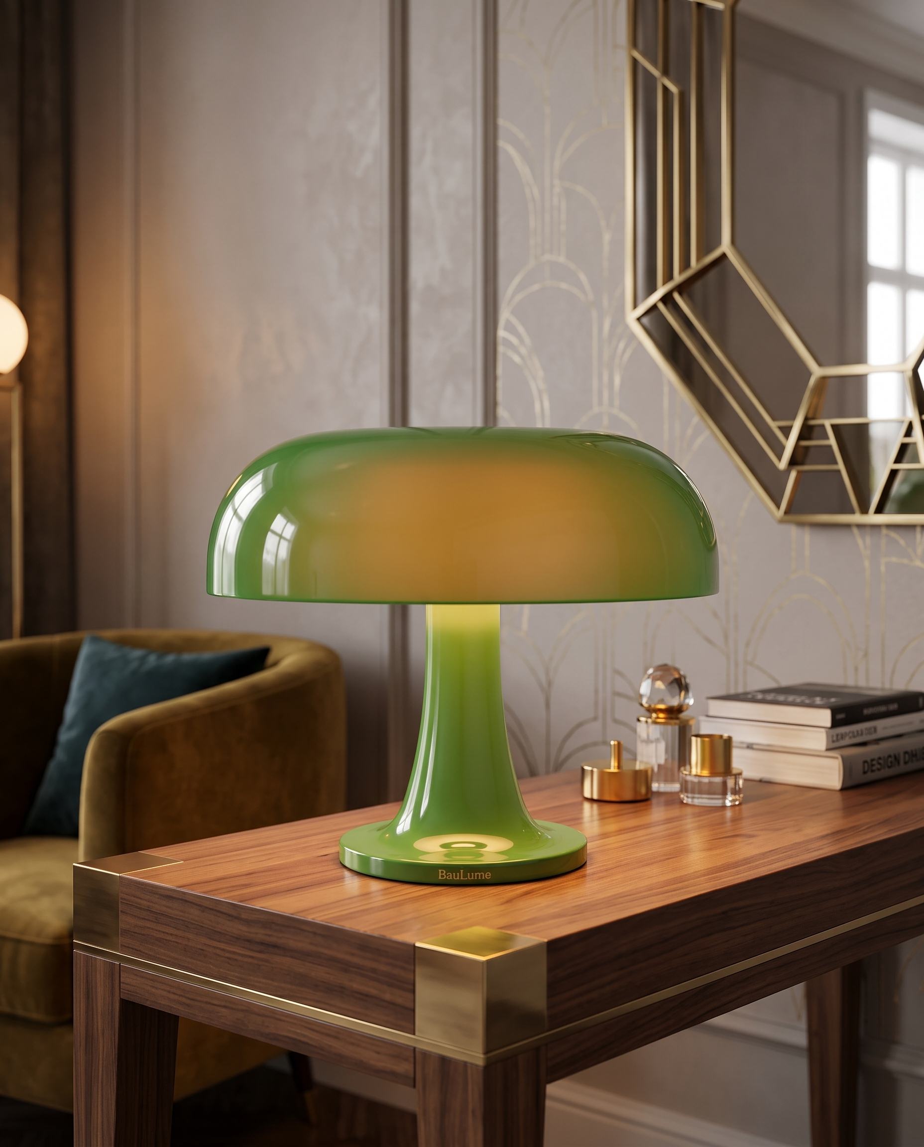 Retro Mushroom Table Lamp, Rechargeable LED — Green shade, hero on walnut console in modern luxury Art Deco interior
