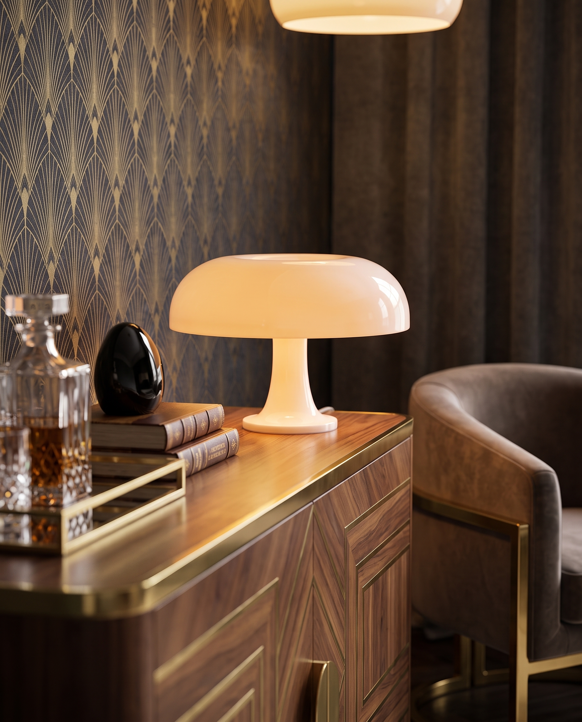 Retro Mushroom Table Lamp, Rechargeable LED — White shade, hero on console in modern luxury Art Deco interior