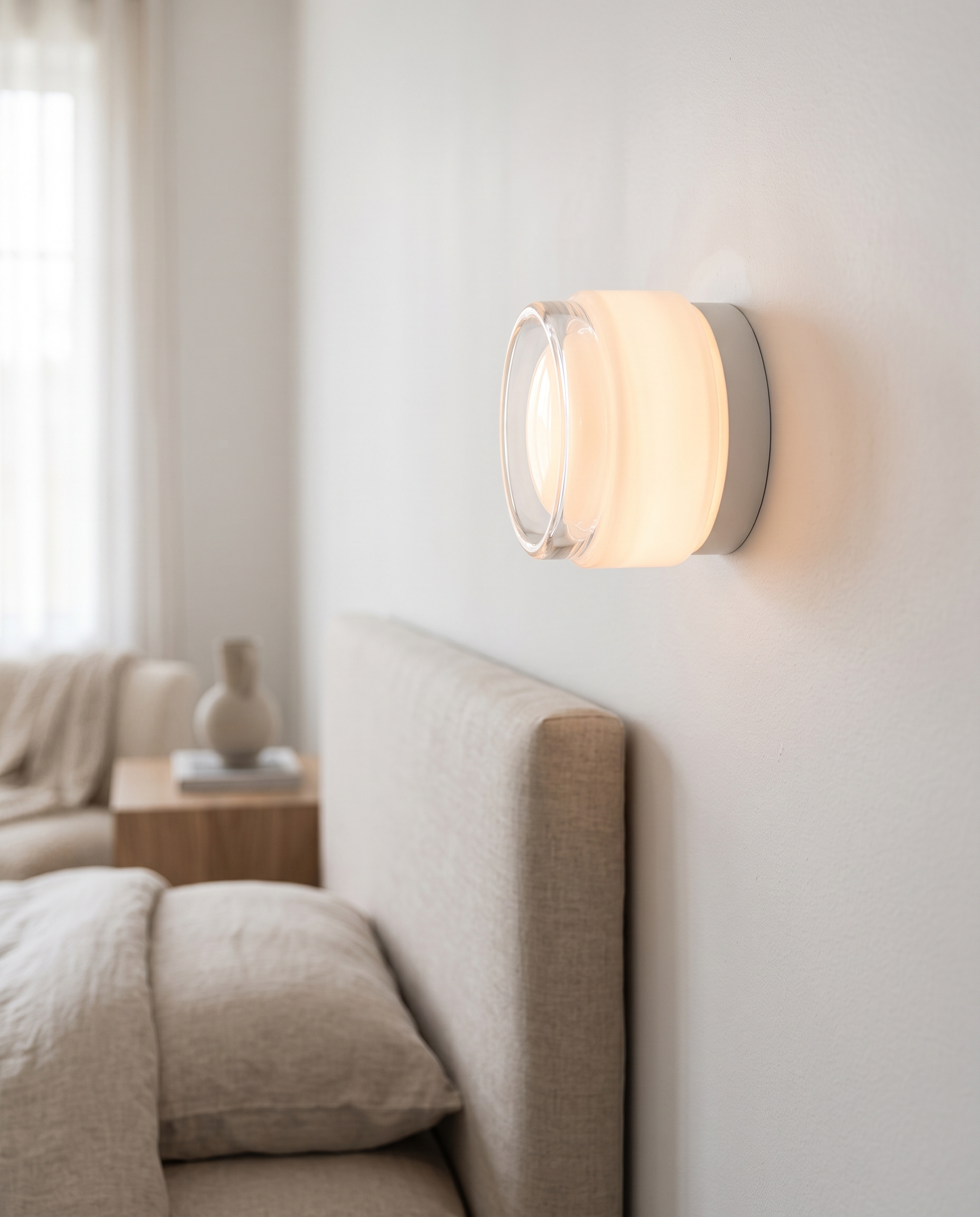Minimalist Linear LED Wall Sconce, Aluminum and Iron — White, mounted on a serene modern bedroom wall