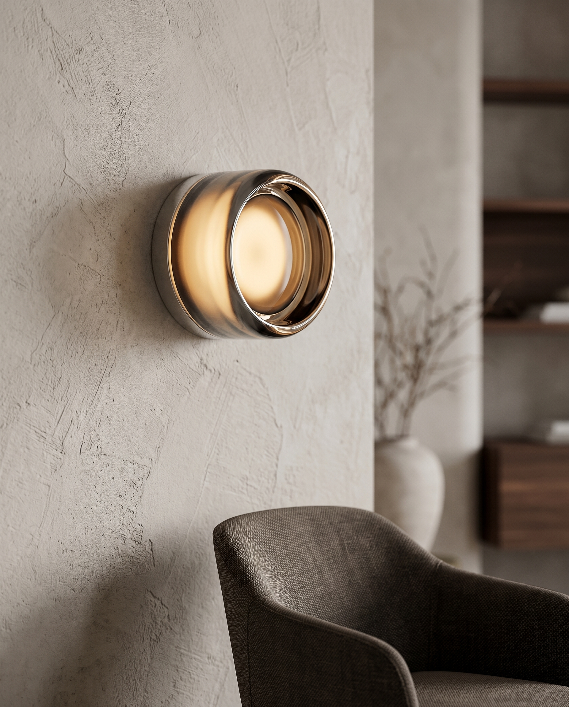Minimalist Linear LED Wall Sconce, Aluminum and Iron — Smoky Grey, mounted on a refined modern living room wall