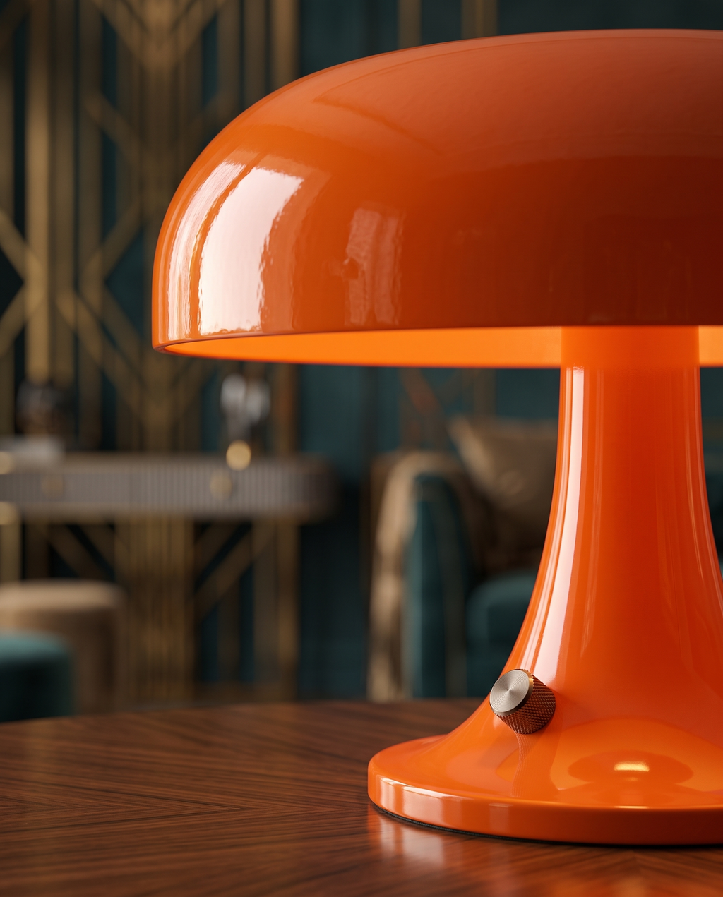 Retro Mushroom Table Lamp, Rechargeable LED — detail macro of shade and base, soft warm side light interior