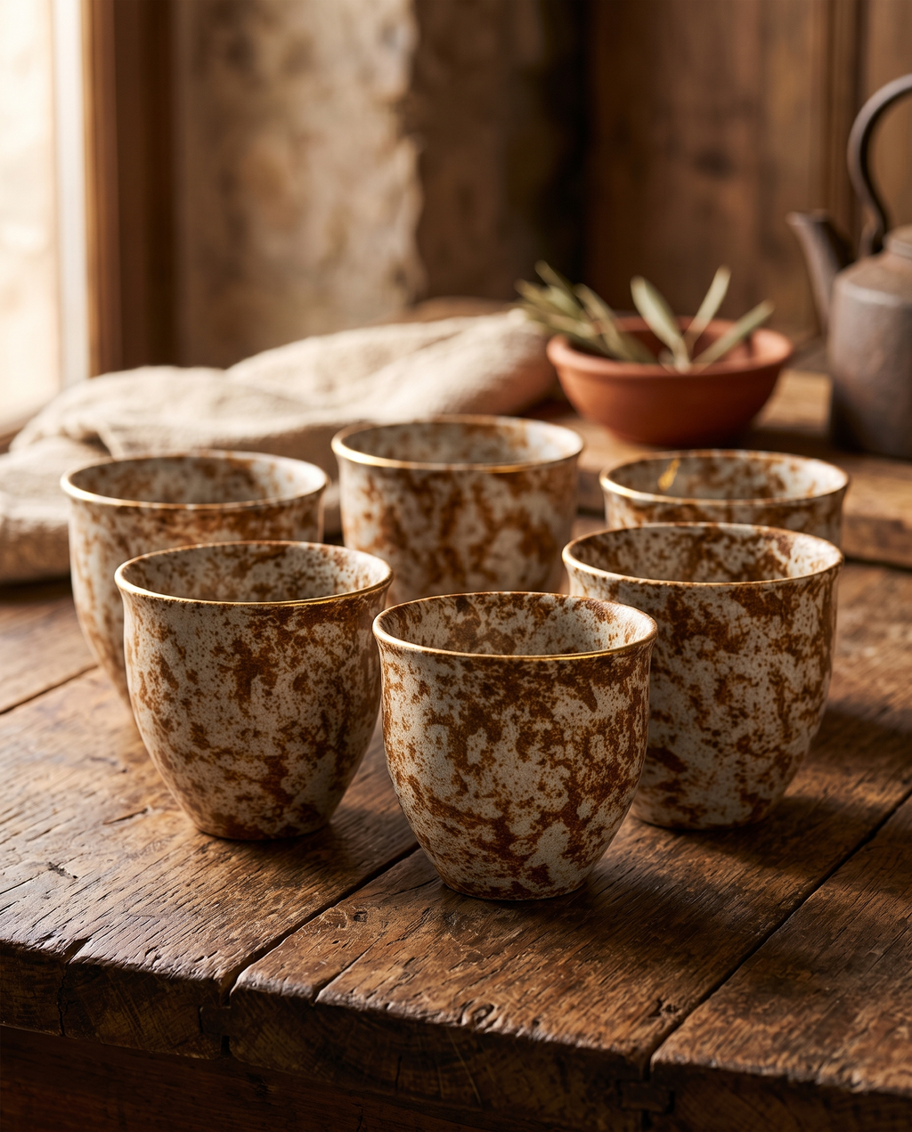 Handmade Stoneware Cup Set, Gold-Rimmed Ceramic — White Speckled hero, rustic farmhouse table in warm morning light