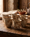 Handmade Stoneware Cup Set, Gold-Rimmed Ceramic — White Speckled hero, rustic farmhouse table in warm morning light