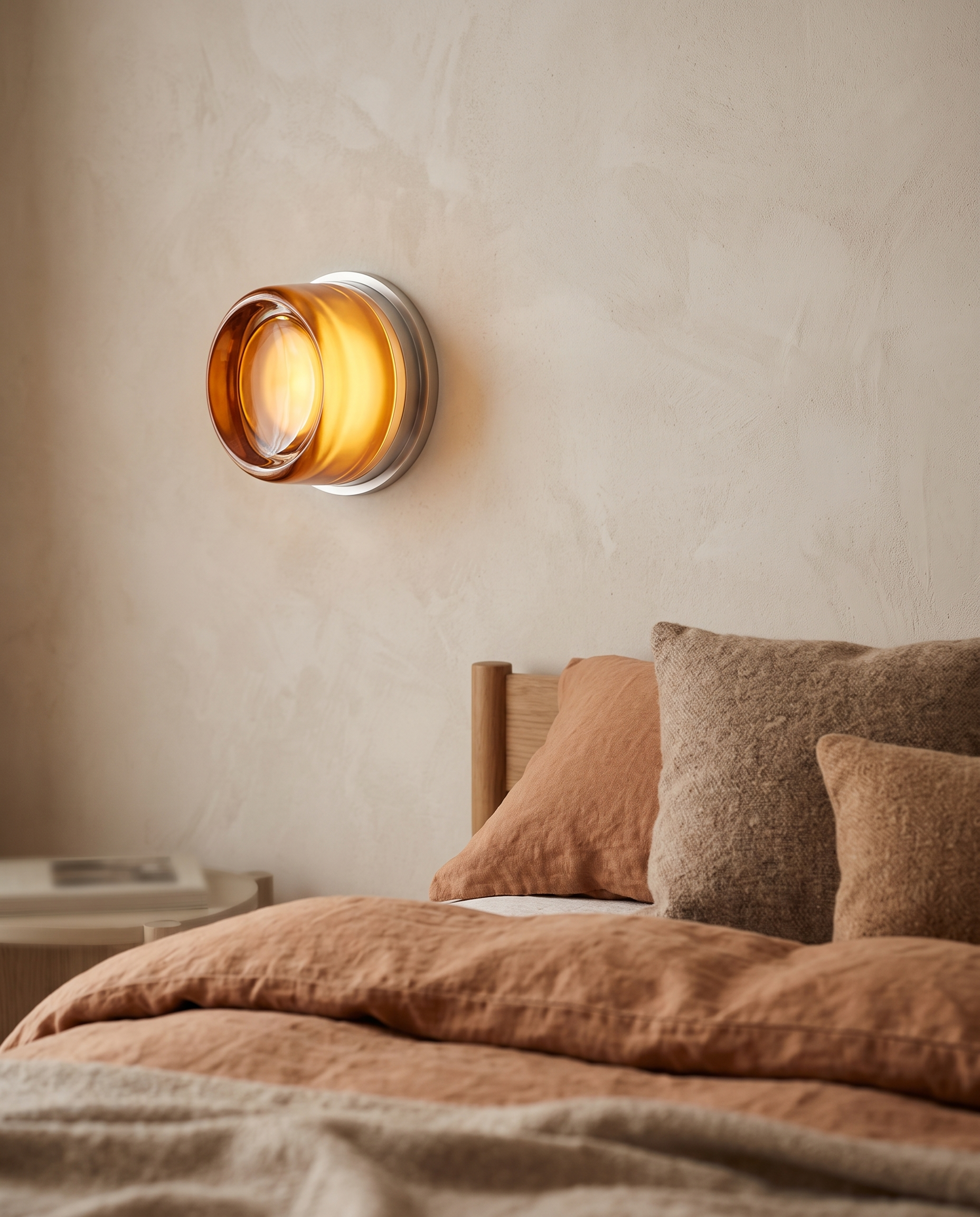 Minimalist Linear LED Wall Sconce, Aluminum and Iron — Amber, mounted on a warm modern bedroom wall