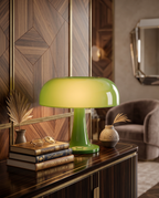 Retro Mushroom Table Lamp, Rechargeable LED — placement and scale with books and objects, modern luxury Art Deco interior