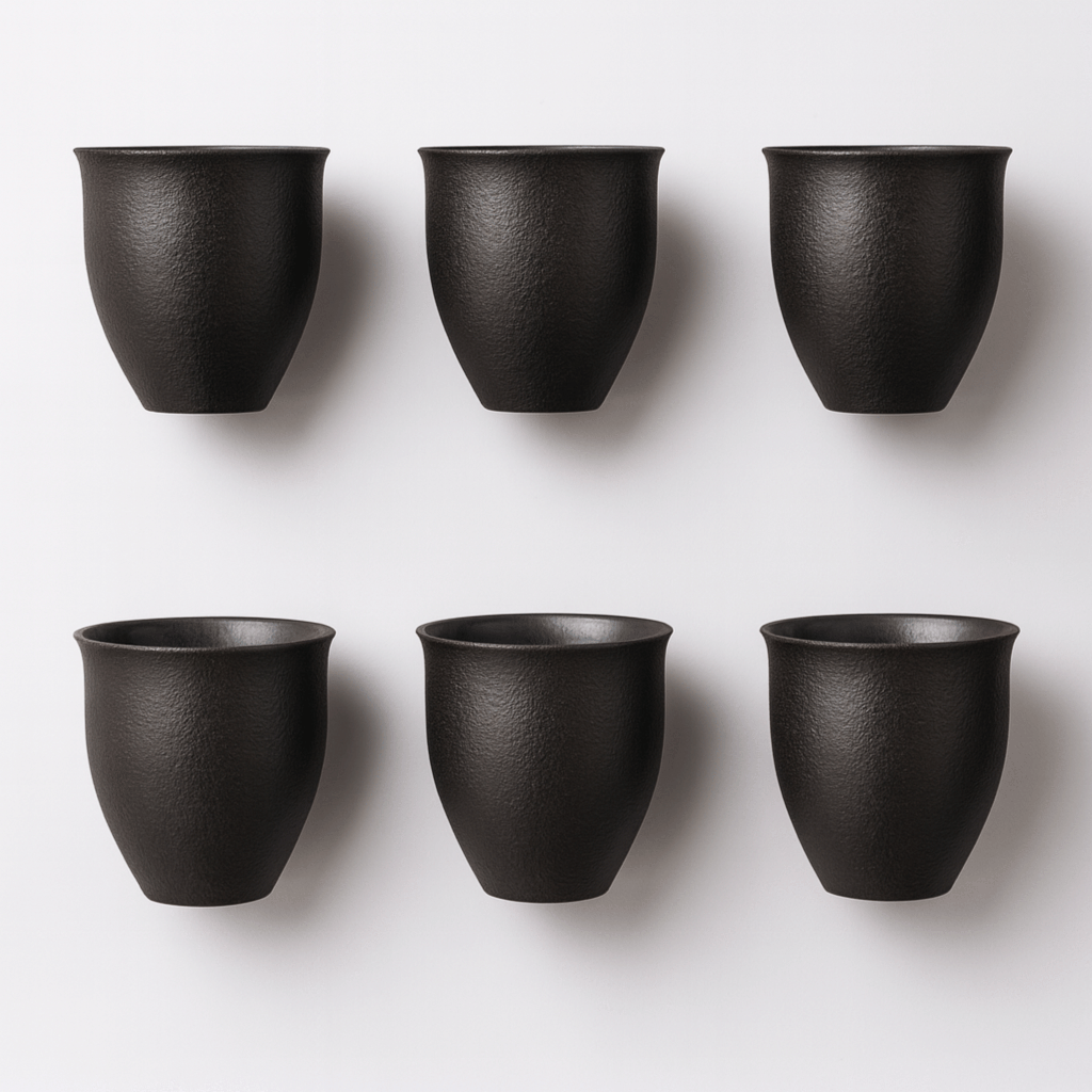 Handmade Stoneware Cup Set, Gold-Rimmed Ceramic — Matte Black hero, rustic farmhouse table in warm side light
