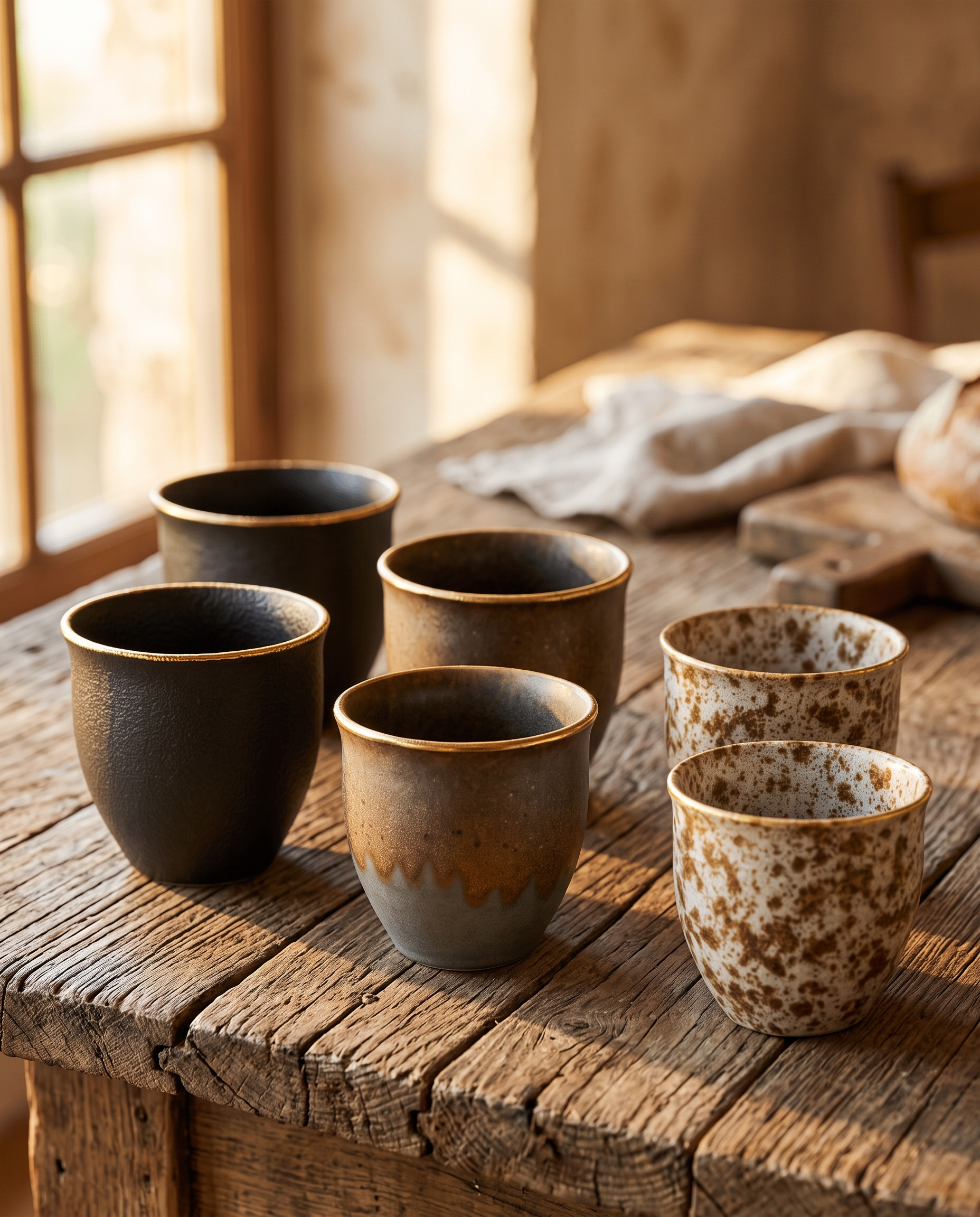 Handmade Stoneware Cup Set, Gold-Rimmed Ceramic — Mixed Set hero, rustic farmhouse table in warm morning light