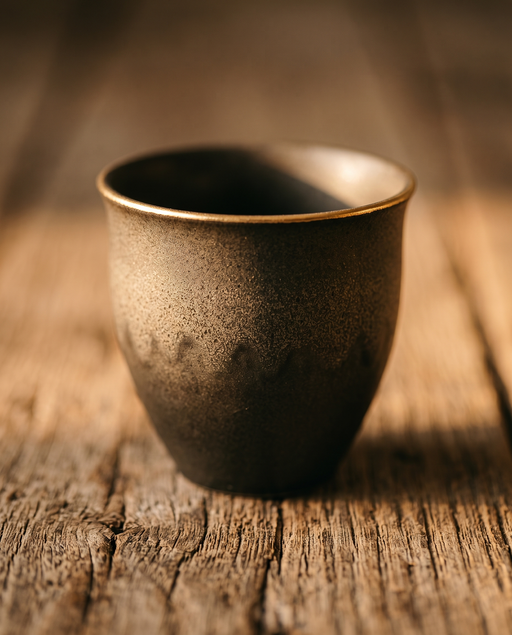 Handmade Stoneware Cup Set, Gold-Rimmed Ceramic — macro detail of glaze and gold accent rim, rustic farmhouse table in warm side light