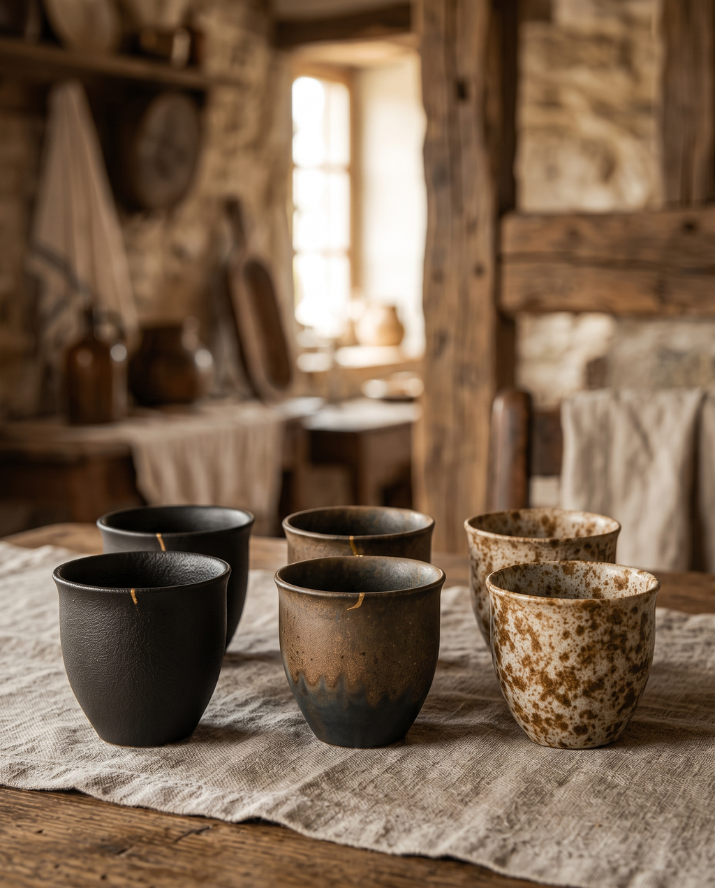 Handmade Stoneware Cup Set, Gold-Rimmed Ceramic — full set shown together for scale, rustic farmhouse dining table in warm natural light