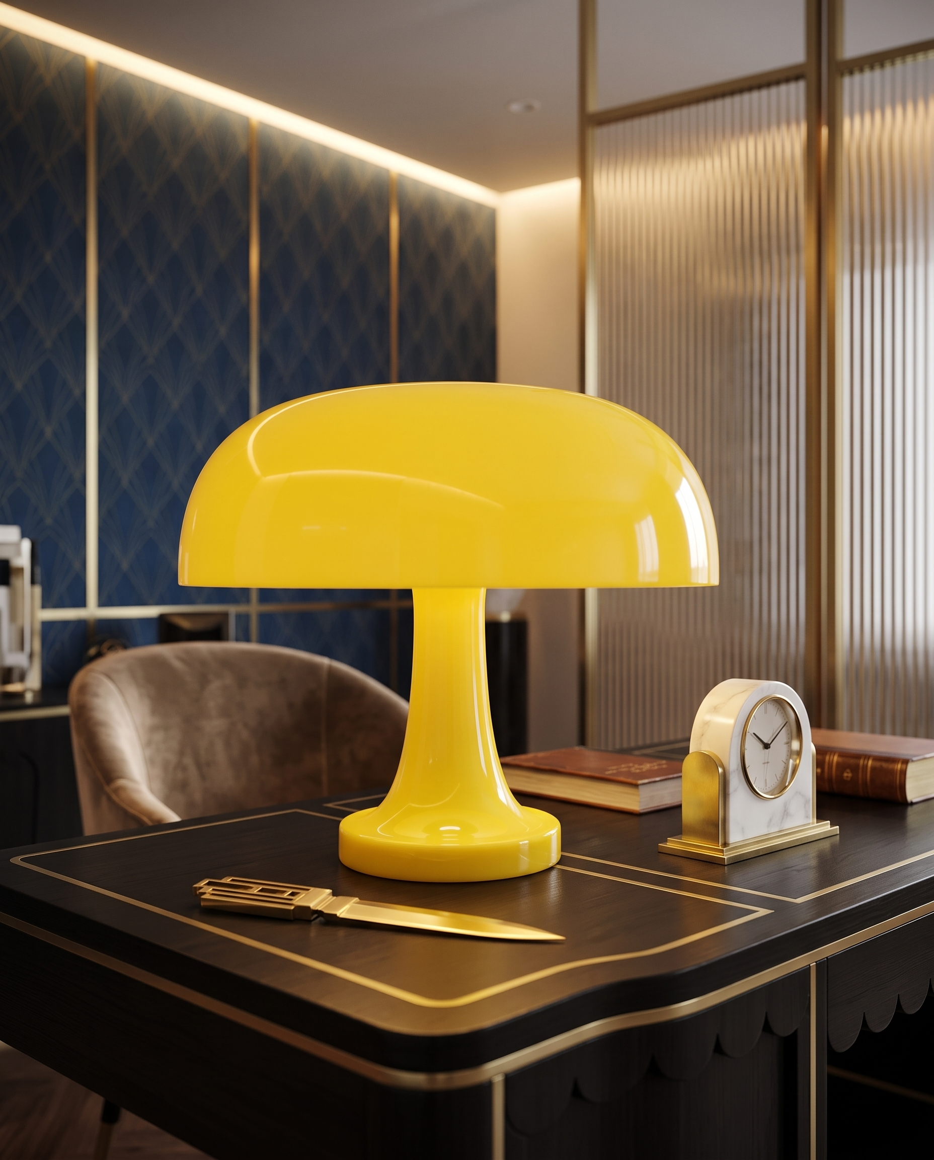 Retro Mushroom Table Lamp, Rechargeable LED — Yellow shade, hero on sleek desk in modern luxury Art Deco interior