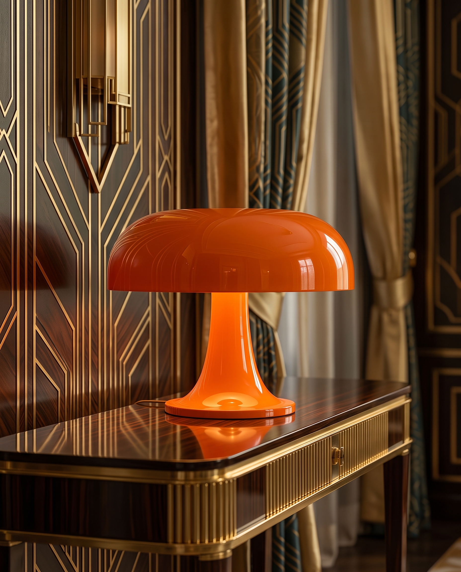 Retro Mushroom Table Lamp, Rechargeable LED — Orange shade, hero on console in modern luxury Art Deco interior