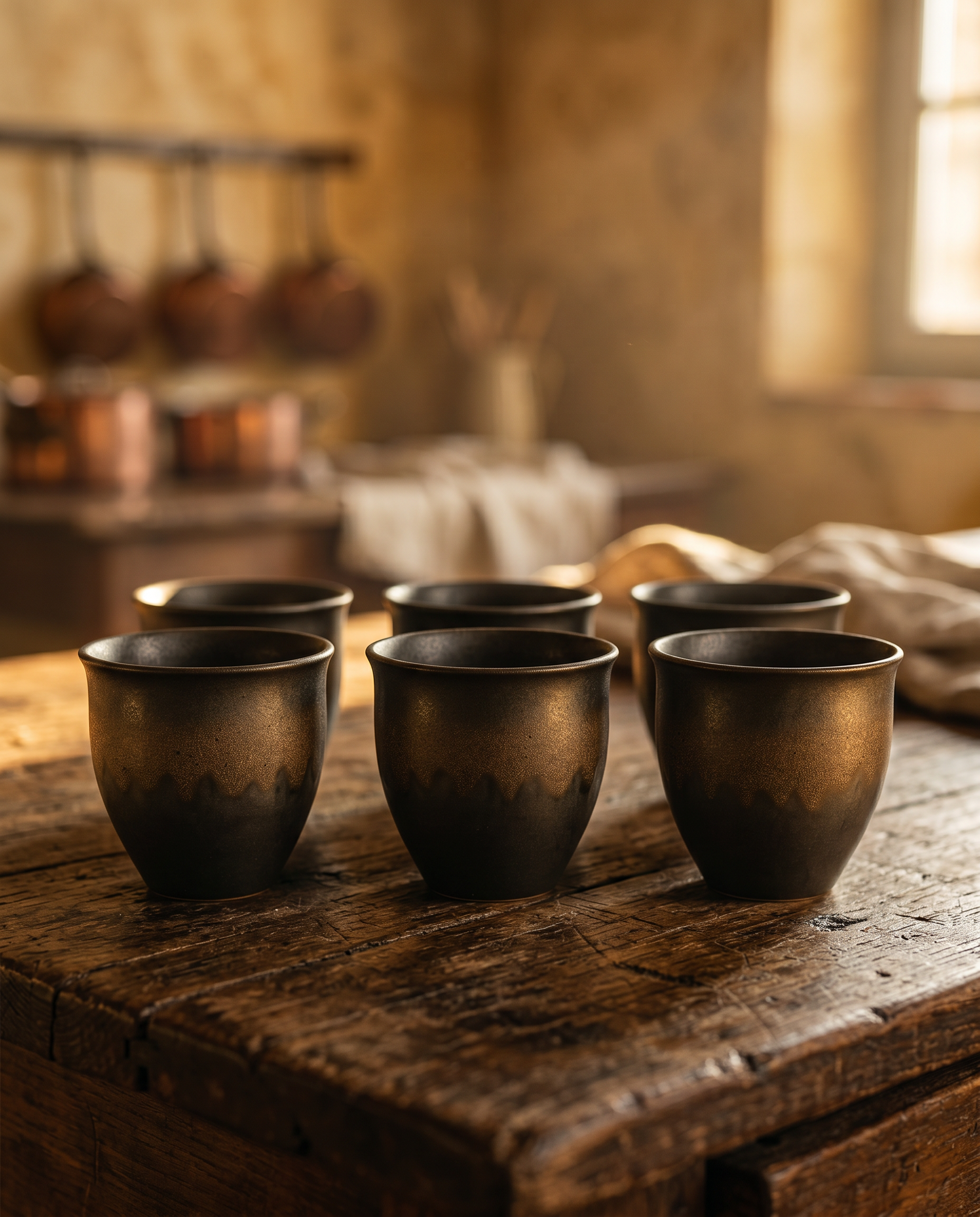Handmade Stoneware Cup Set, Gold-Rimmed Ceramic — Brown Gradient hero, rustic farmhouse table in warm golden hour light