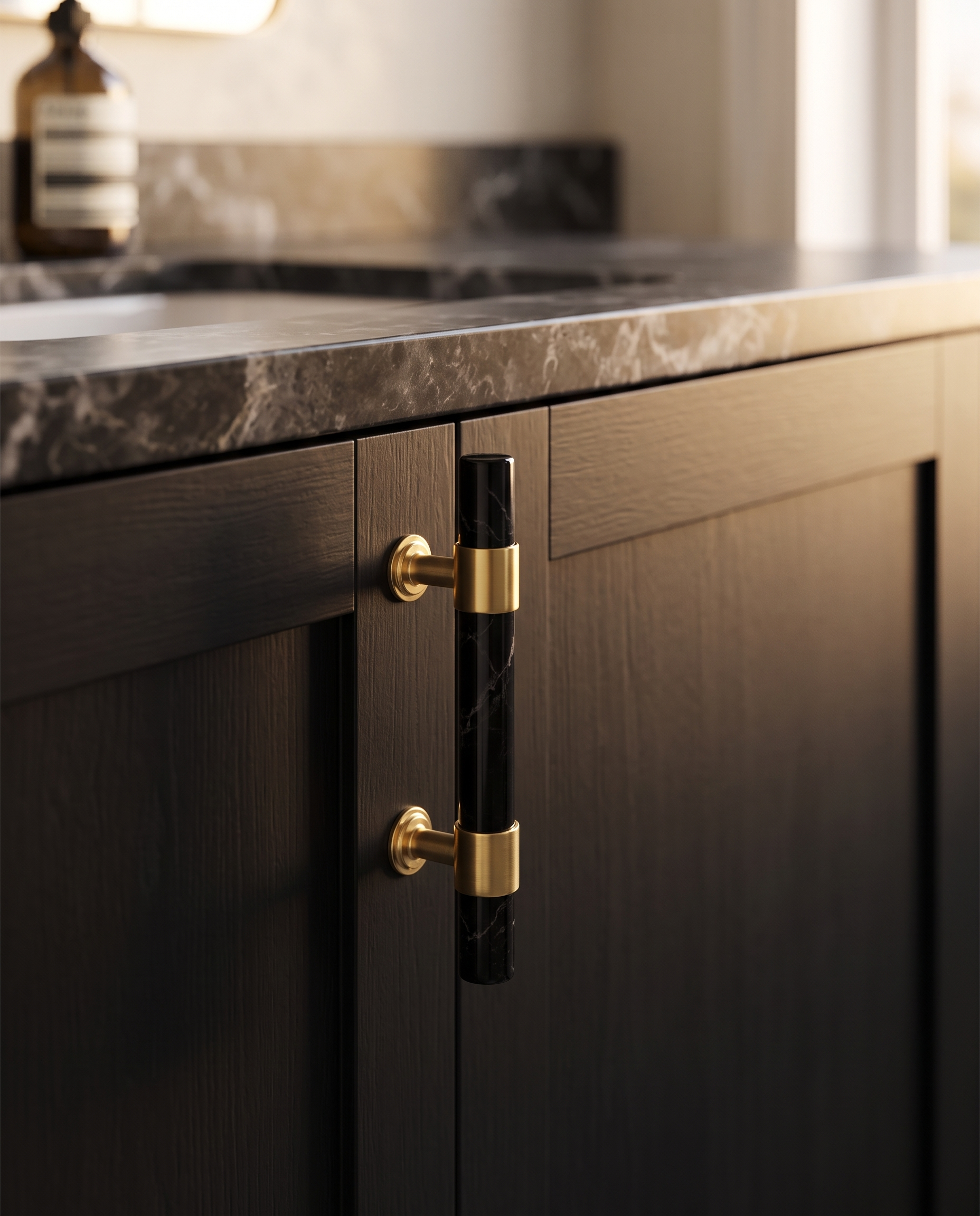Stone and Brass T-Bar Cabinet Hardware — Black marble knob, mounted on dark luxe cabinetry