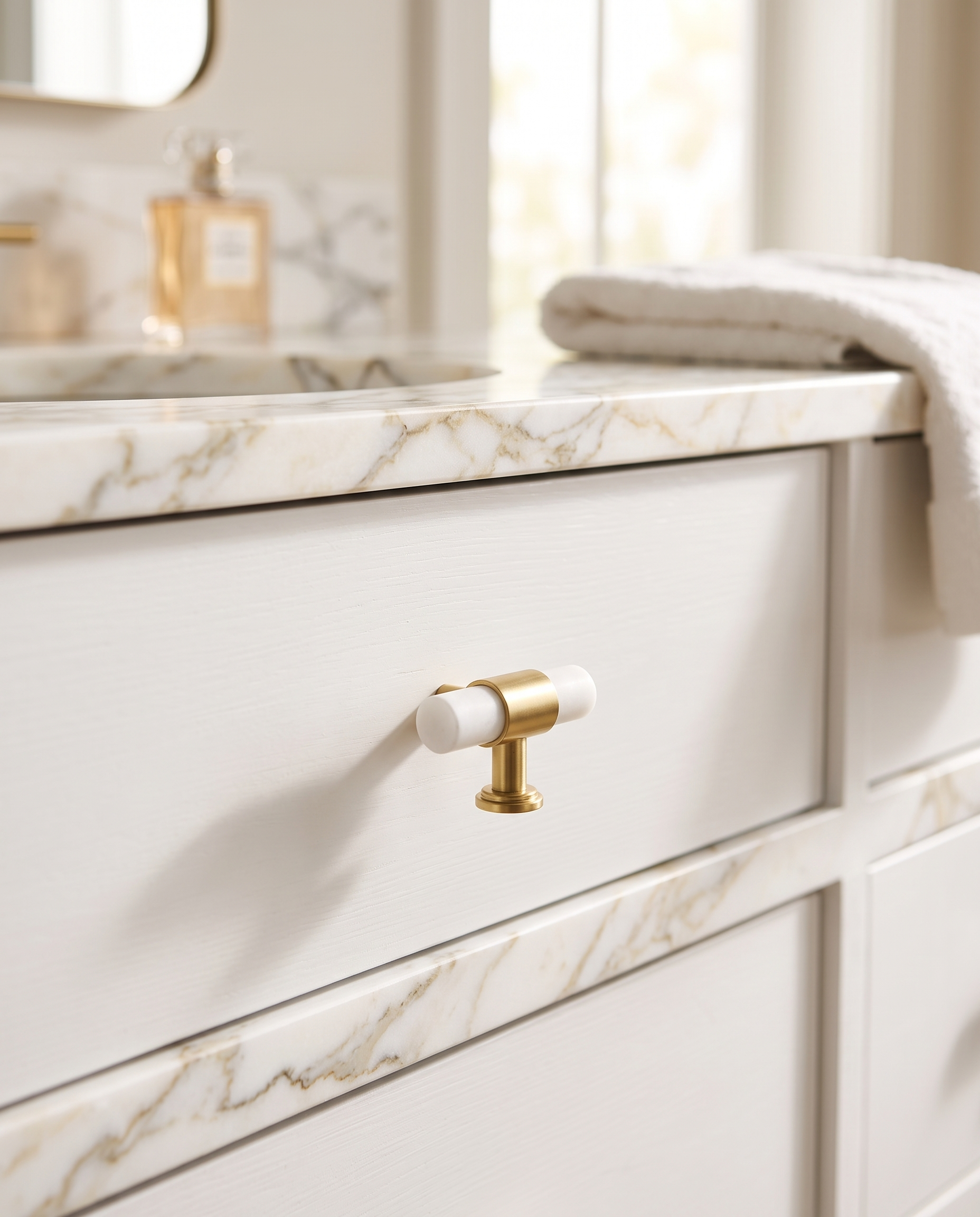 Stone and Brass T-Bar Cabinet Hardware — White knob, mounted on white cabinetry, bright marble vanity