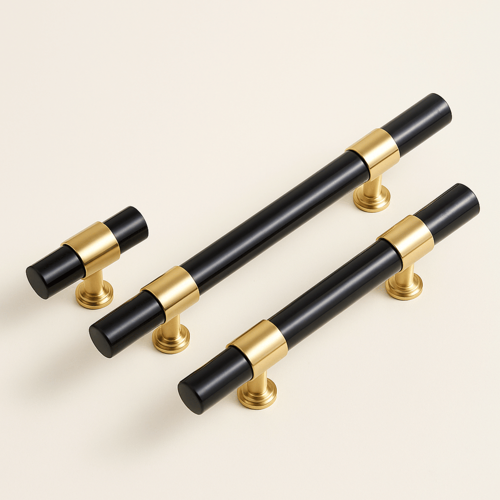 Stone and Brass T-Bar Cabinet Hardware — macro detail of stone veining and polished brass, dark cabinetry