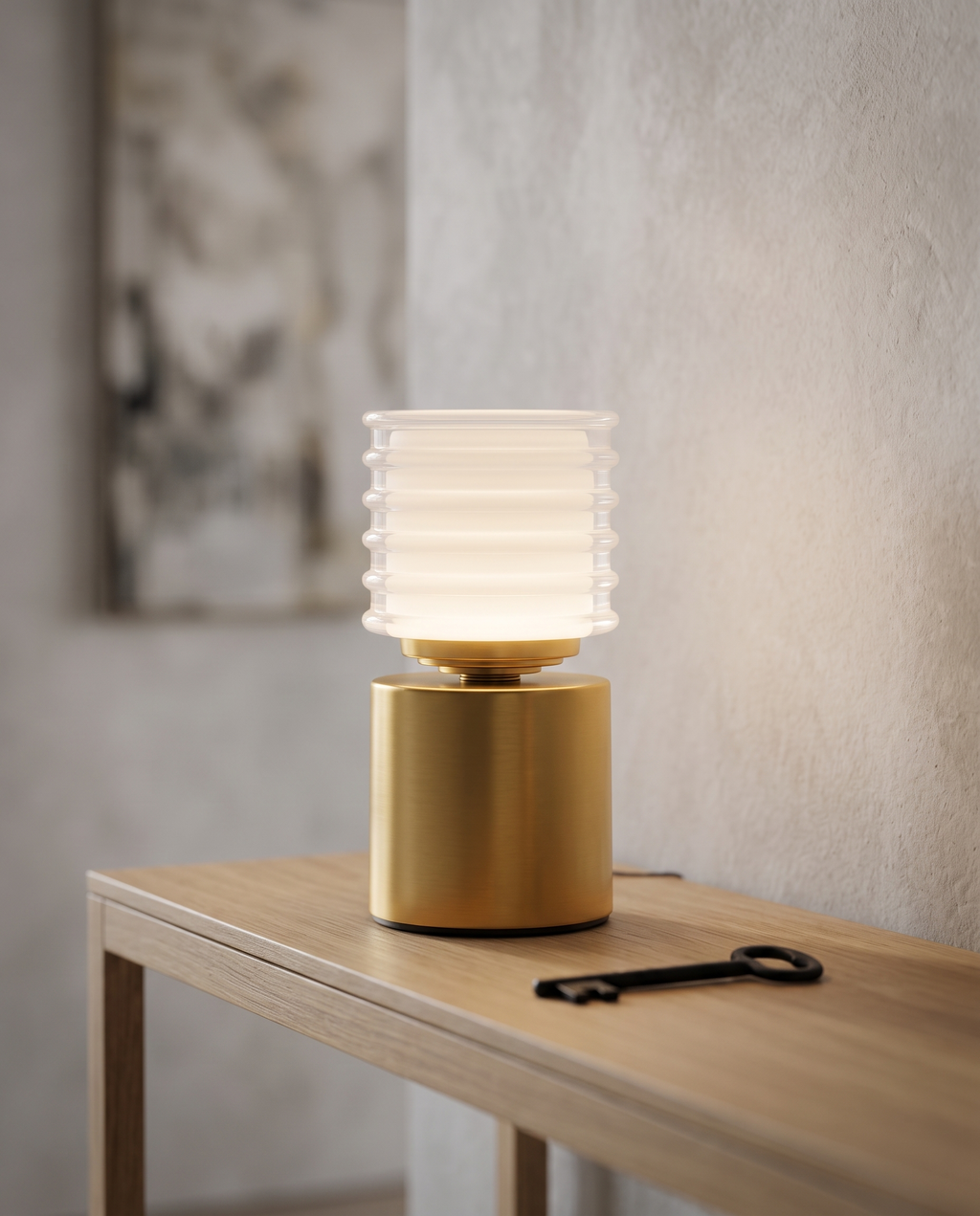 Rechargeable Acrylic Diffuser Table Lamp, Touch Dimming — Gold, glowing on a modern console table