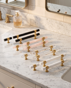 Stone and Brass T-Bar Cabinet Hardware — all four colourways together, elegant marble vanity surface