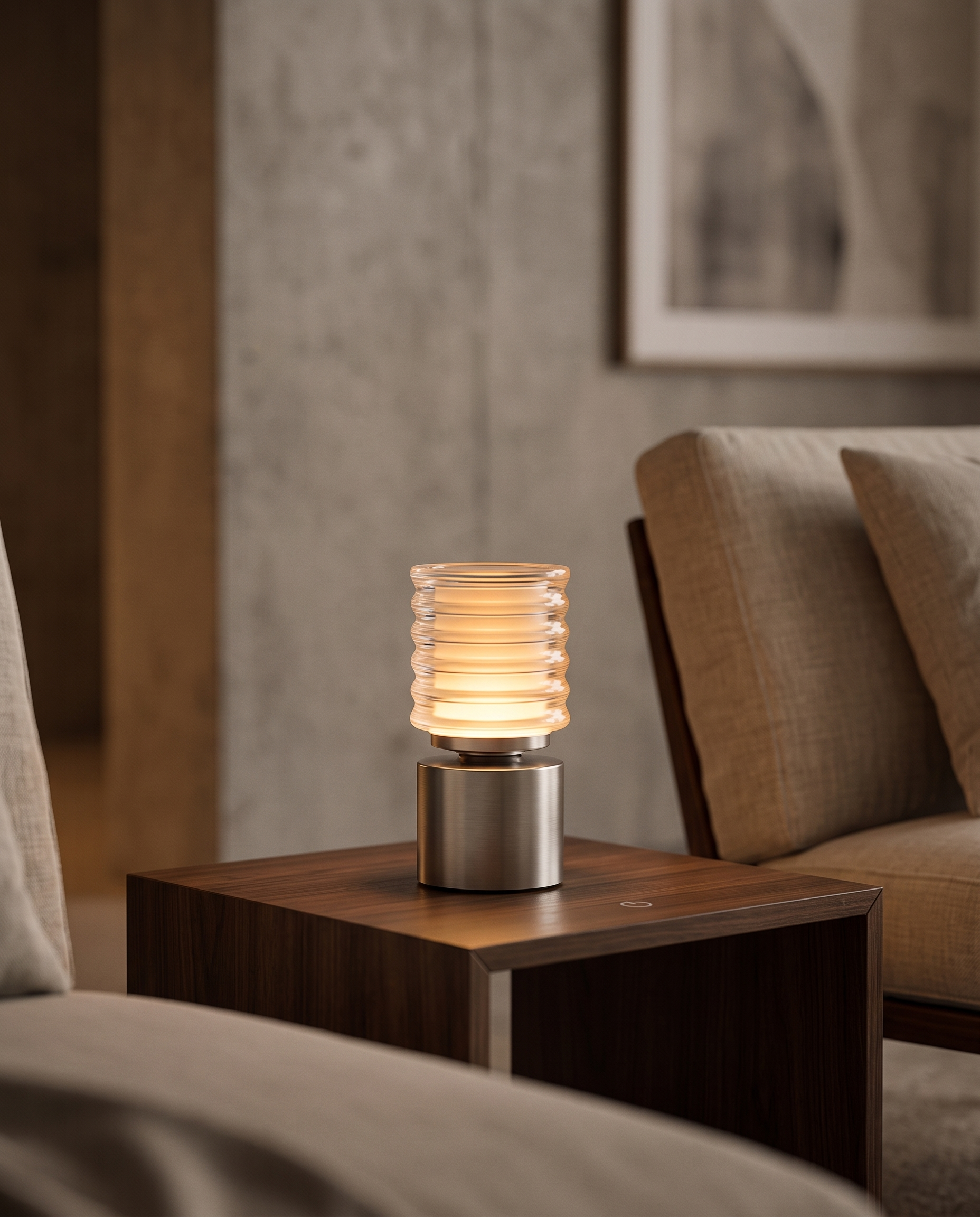 Rechargeable Acrylic Diffuser Table Lamp, Touch Dimming — Silver, on a modern side table with warm glow