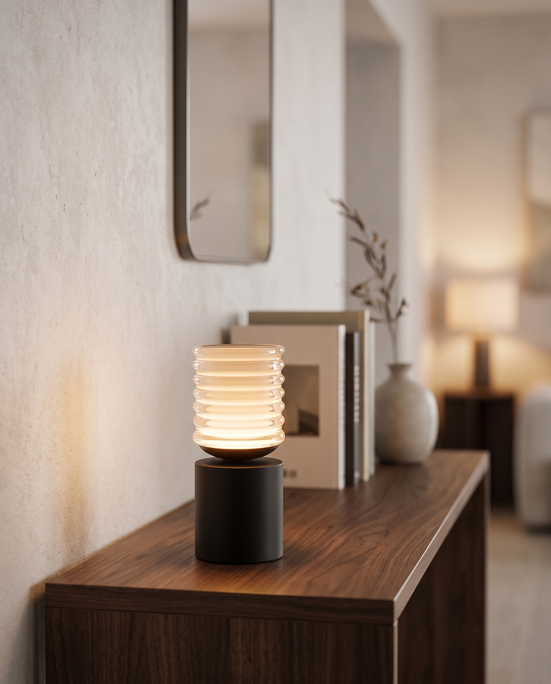 Rechargeable Acrylic Diffuser Table Lamp, Touch Dimming — Black, on a console table in a minimal interior